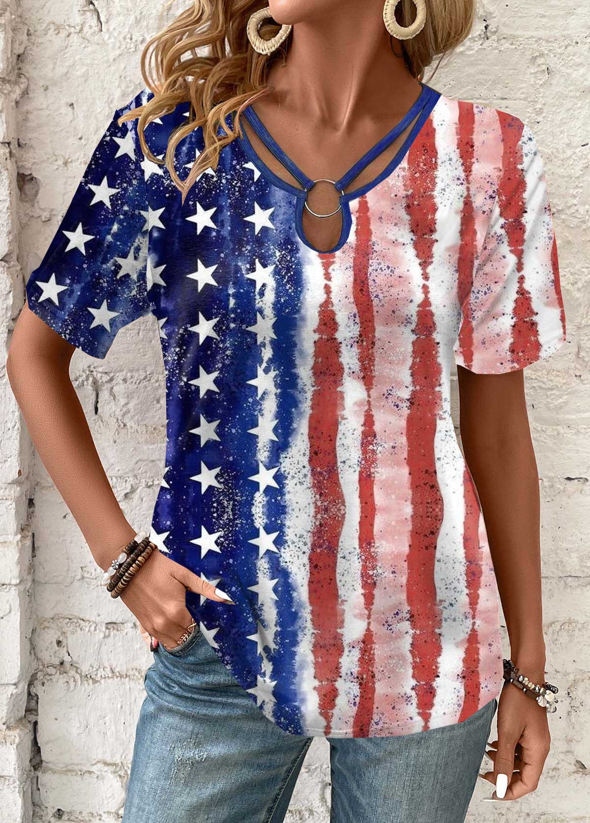 American Flag Multi Color Circular Ring T Shirt