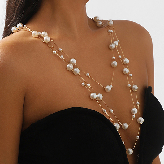 White Pearl Detail Layered Design Necklace