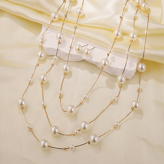 White Pearl Detail Layered Design Necklace