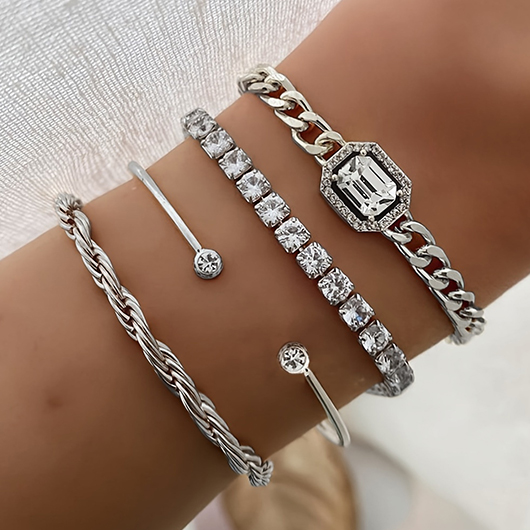Silvery White Alloy Rhinestone Bracelets Set