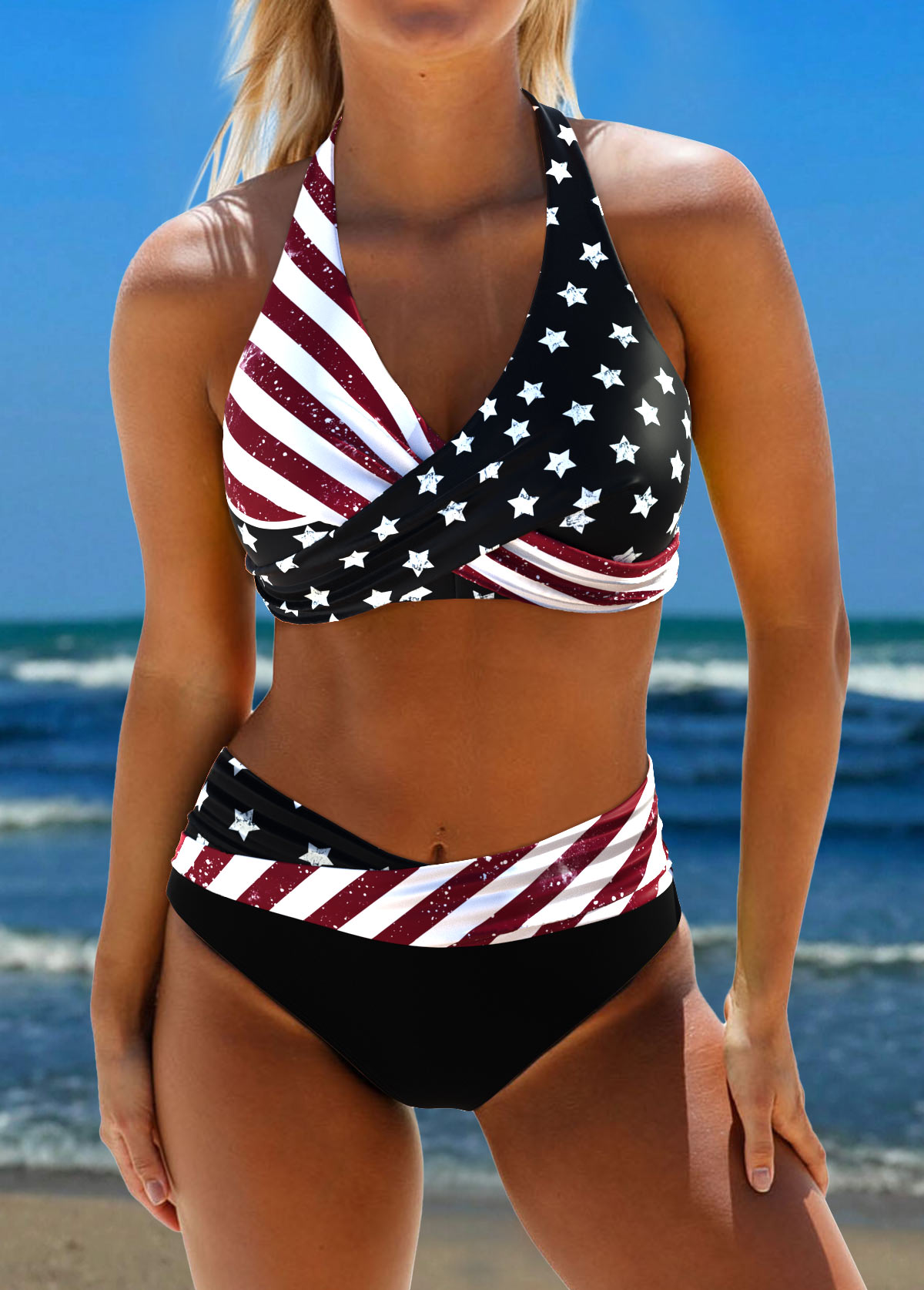 American Flag Criss Cross Star Print Black Bikini Set