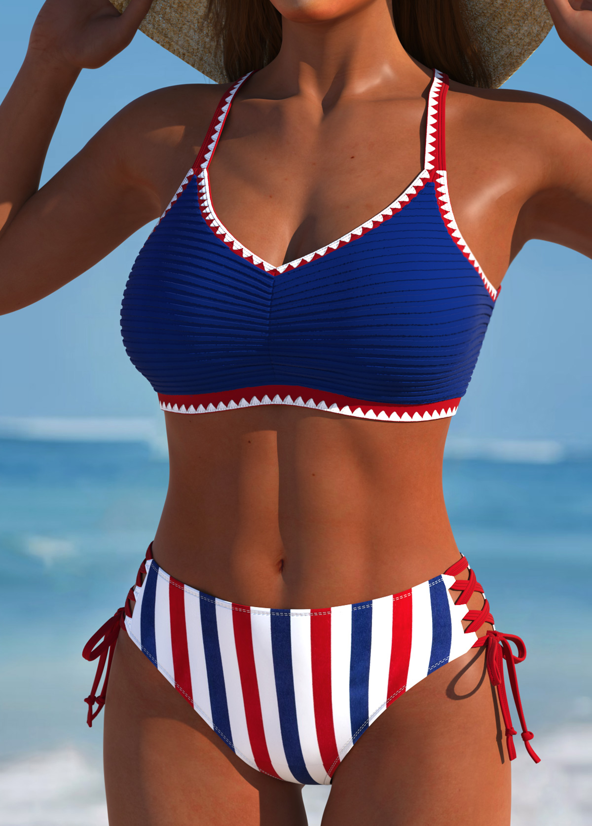 Lace Up Striped Navy Bikini Set
