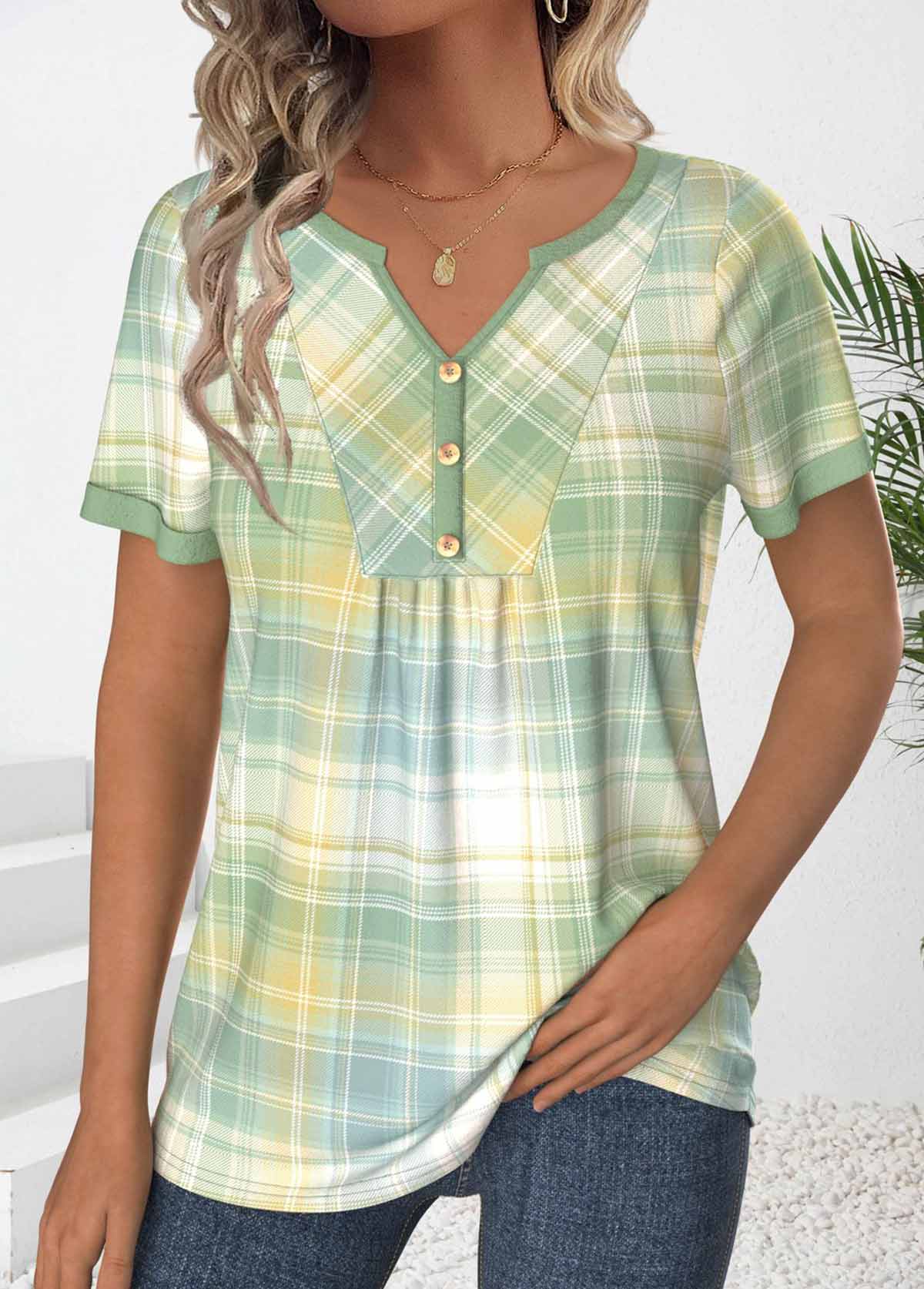 Modlily Light Green Ruched Plaid Short Sleeve T Shirt - XXL