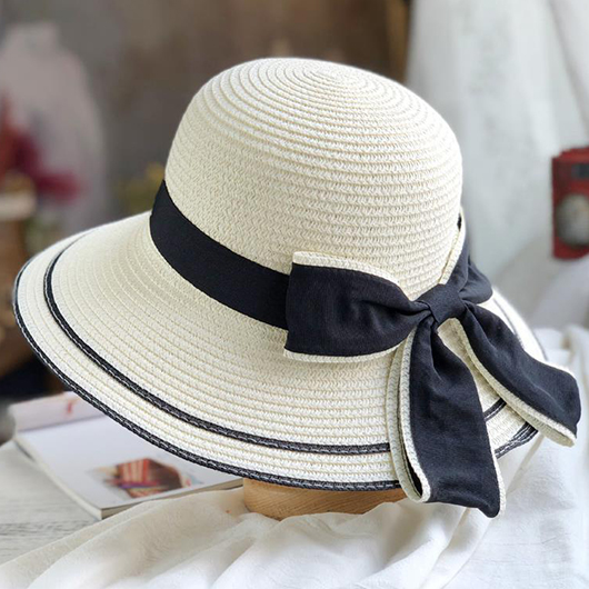 White Straw Bowknot Detail Visor Hat