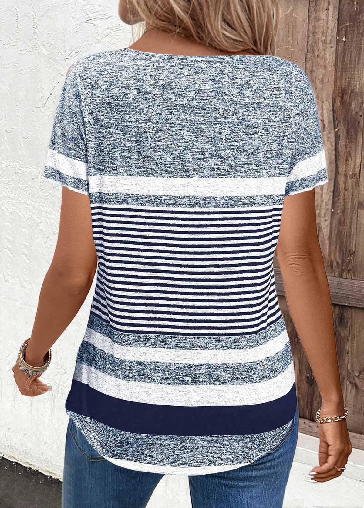 Plus Size Navy Button Striped Short Sleeve T Shirt