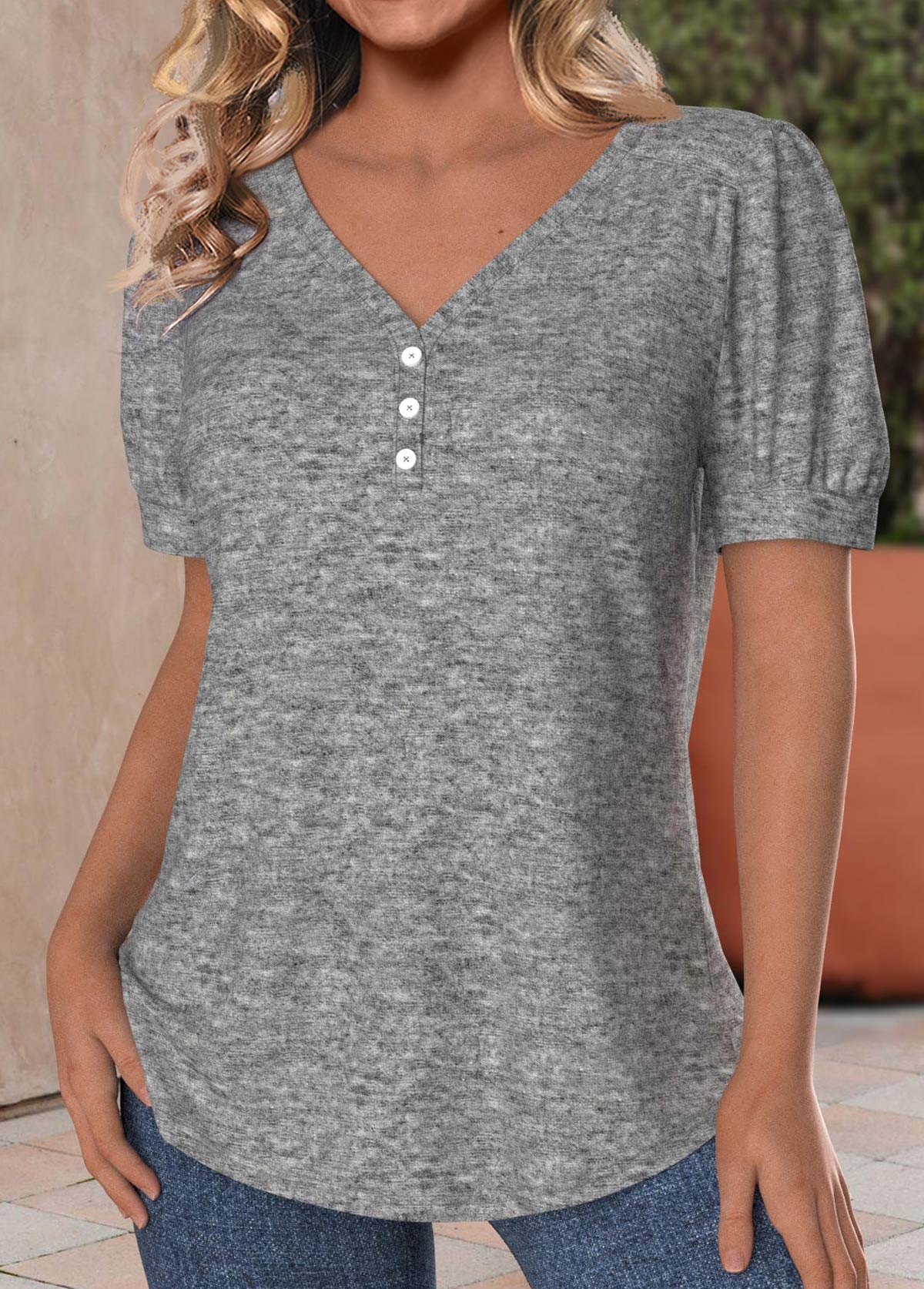 Light Grey Marl Button Short Sleeve T Shirt | picture 