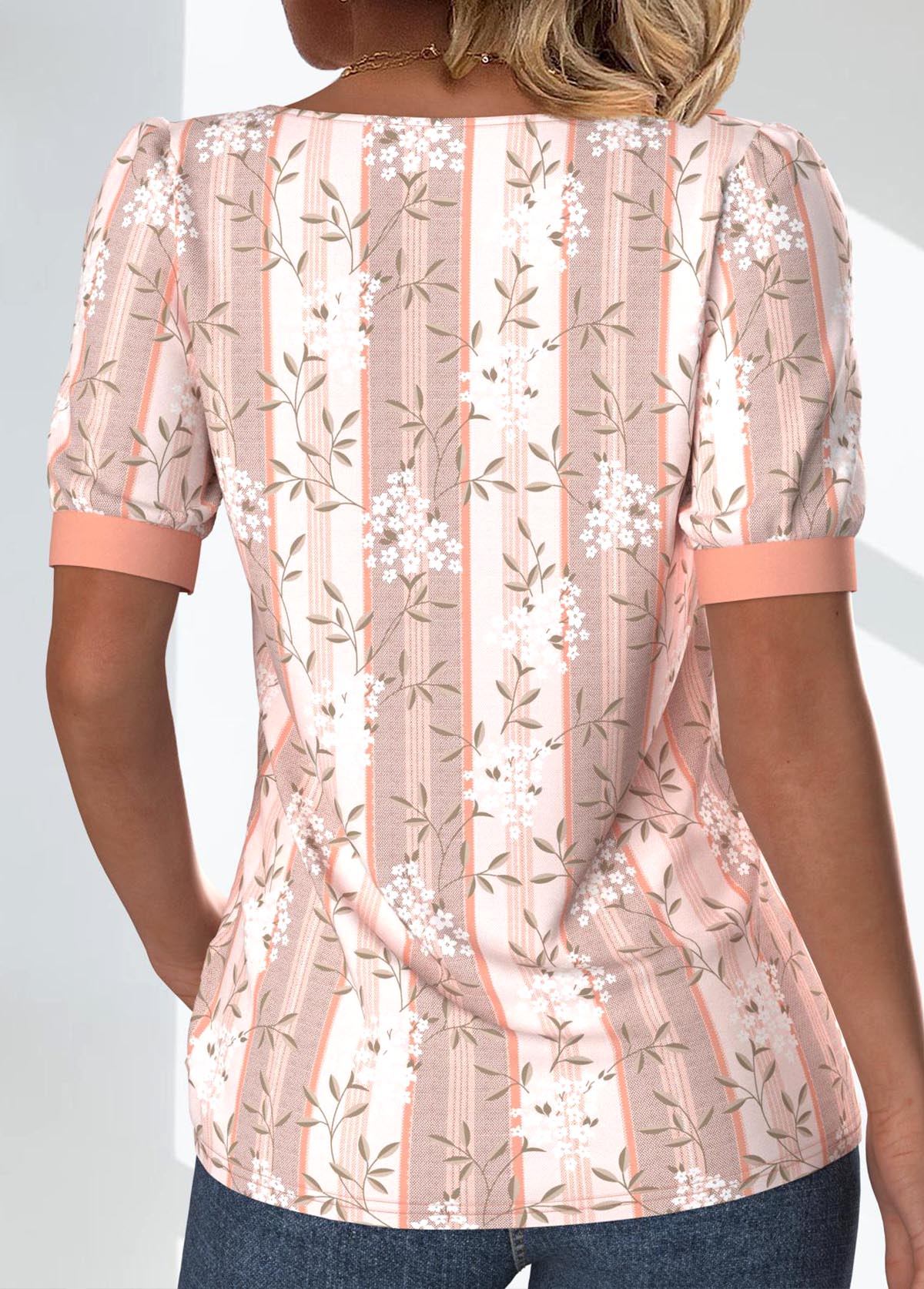 Light Pink Patchwork Floral Print Short Sleeve T Shirt