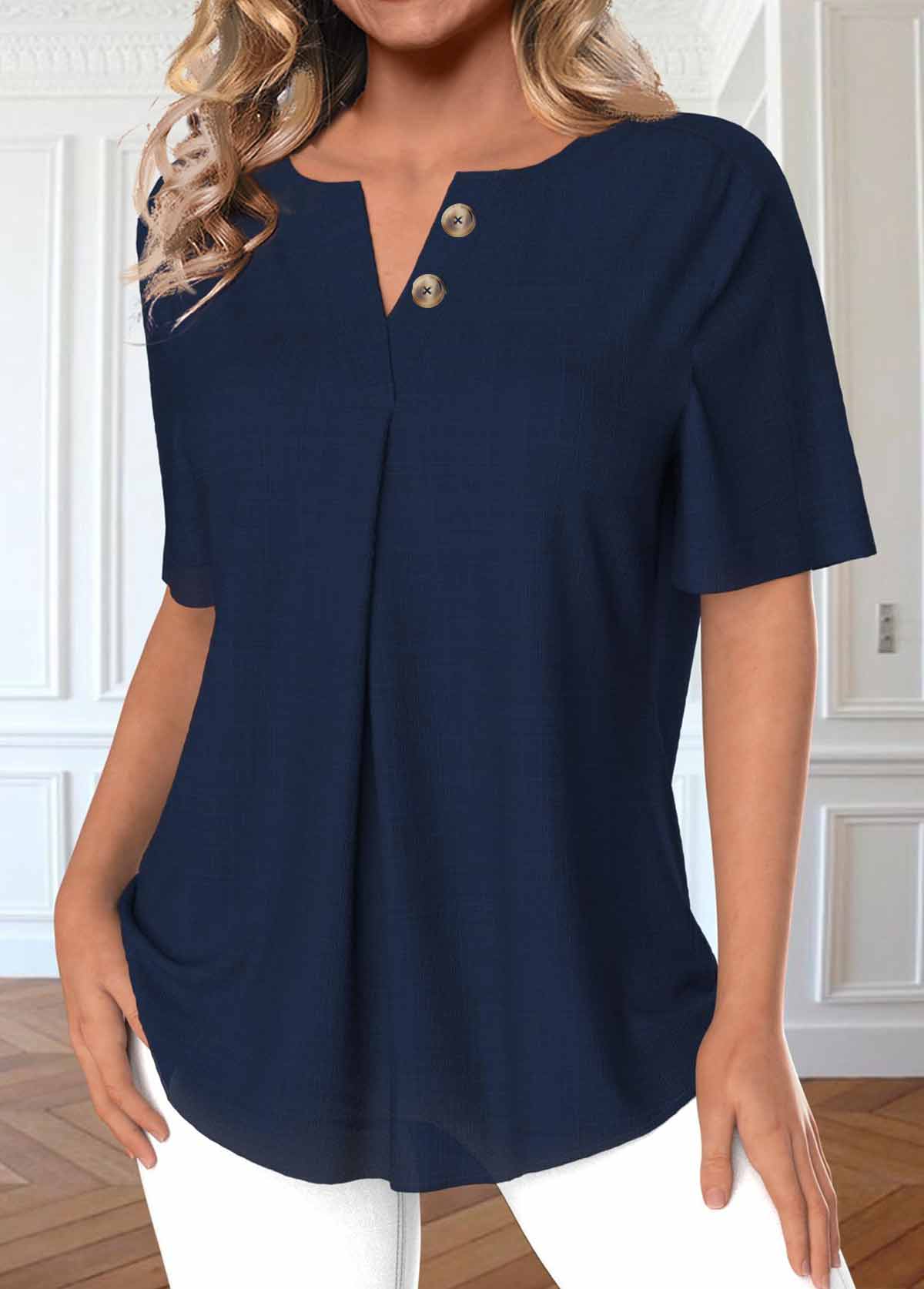 Navy Button Short Sleeve Split Neck Blouse | picture 