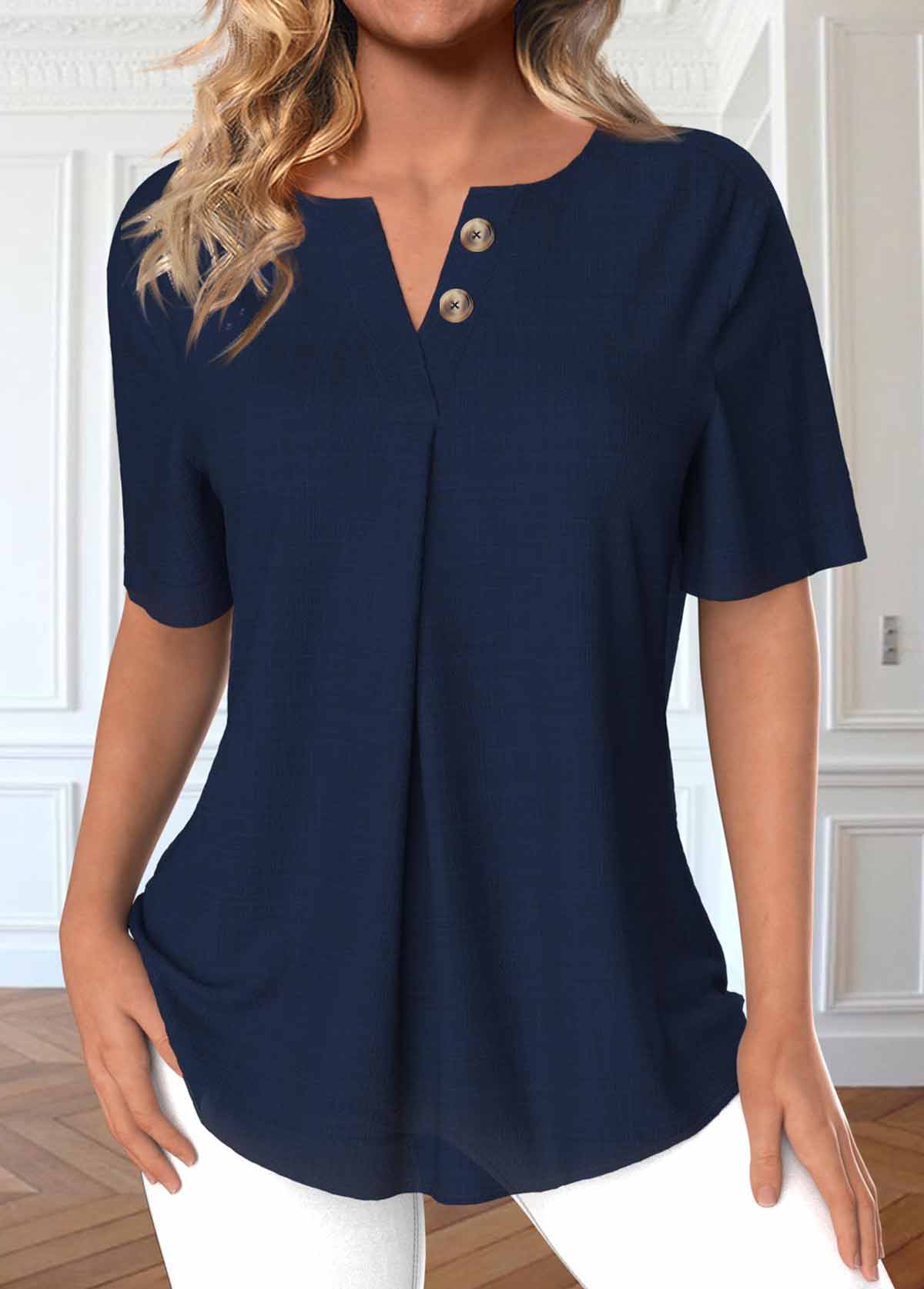 Navy Button Short Sleeve Split Neck Blouse | picture 