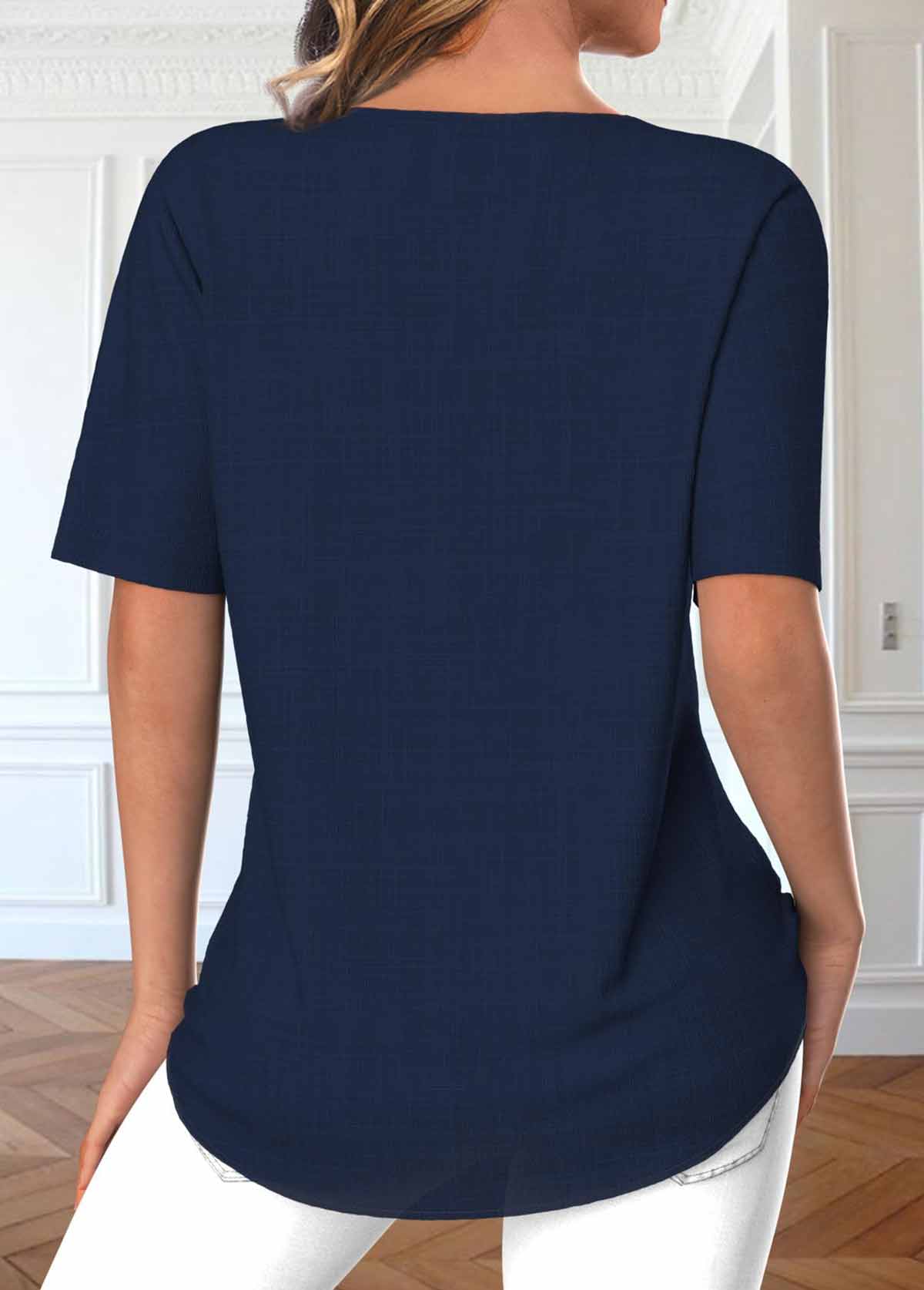 Navy Button Short Sleeve Split Neck Blouse | picture 