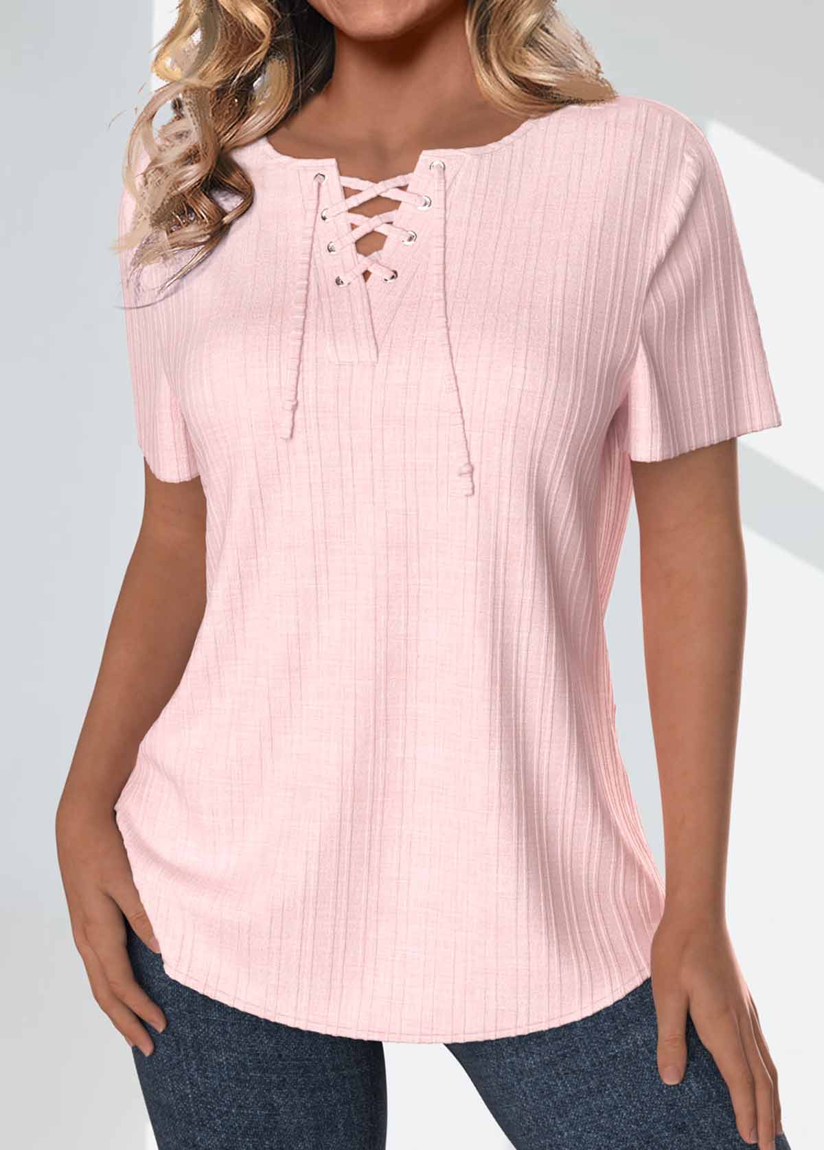 Light Pink Lace Up Short Sleeve Blouse