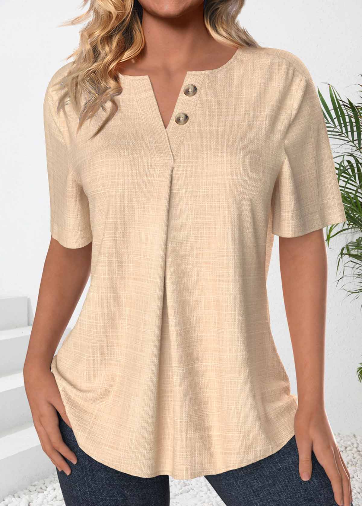Light Camel Button Short Sleeve Split Neck Blouse | picture 