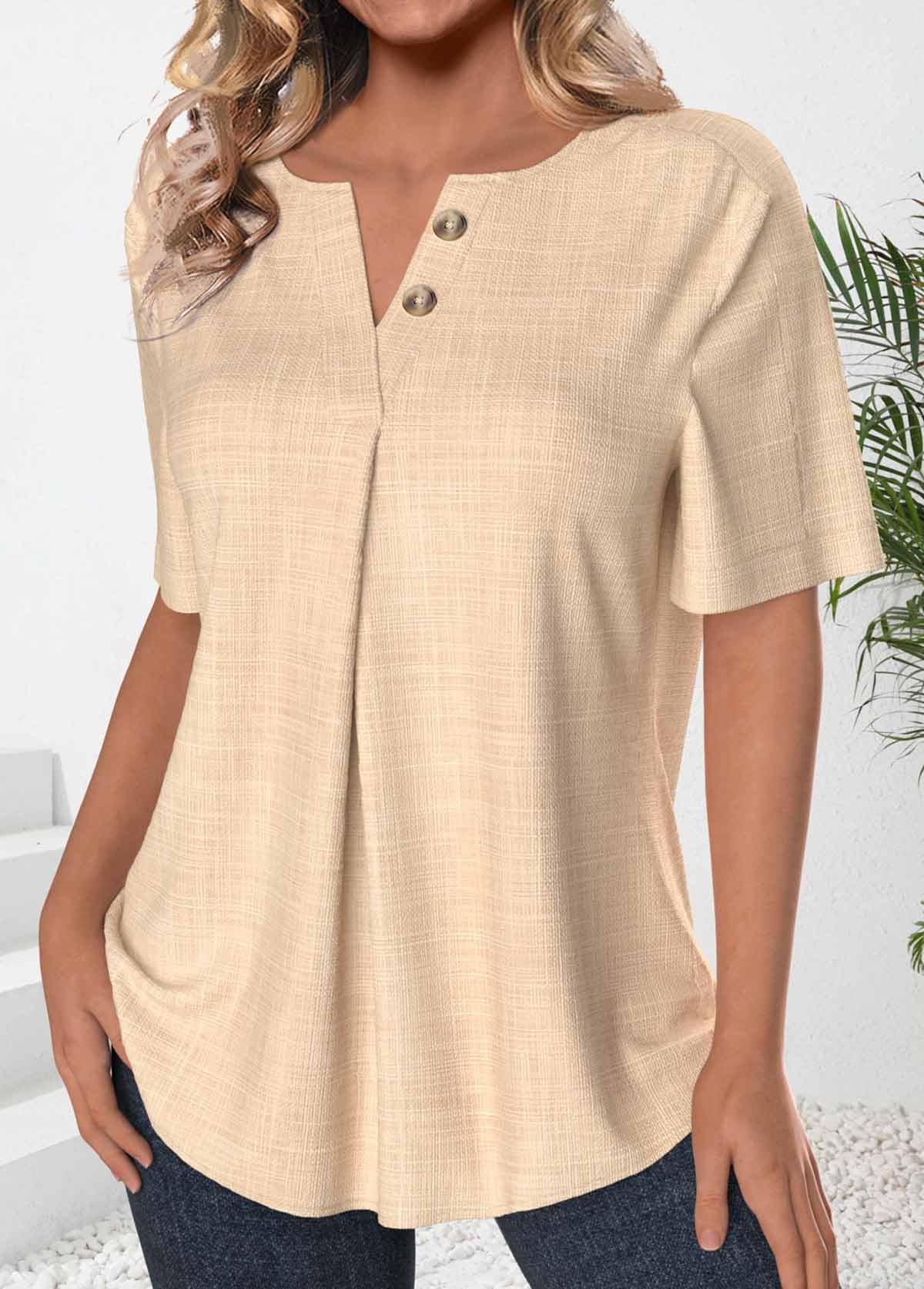 Light Camel Button Short Sleeve Split Neck Blouse | picture 