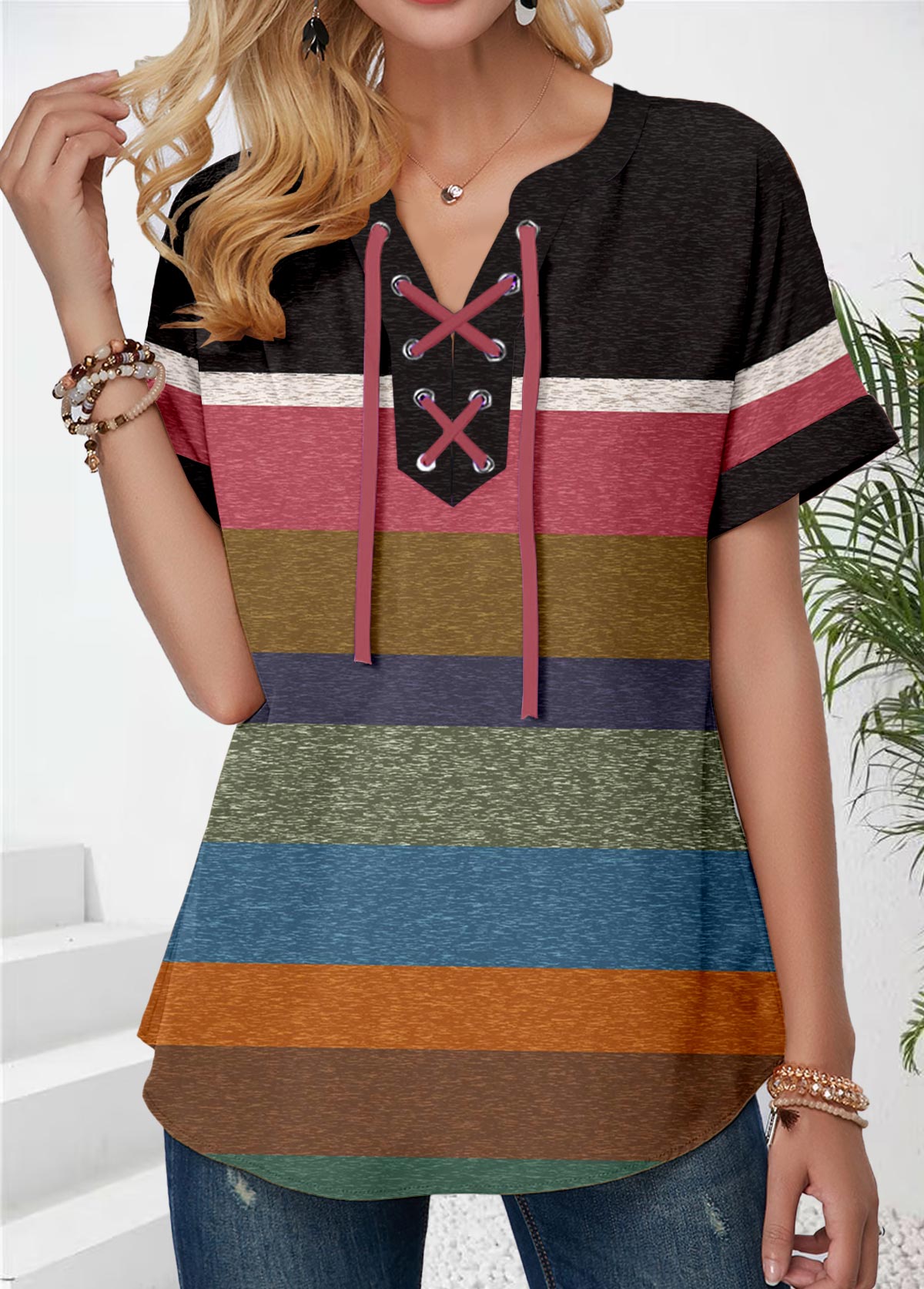 Multi Color Patchwork Short Sleeve Split Neck T Shirt | picture 