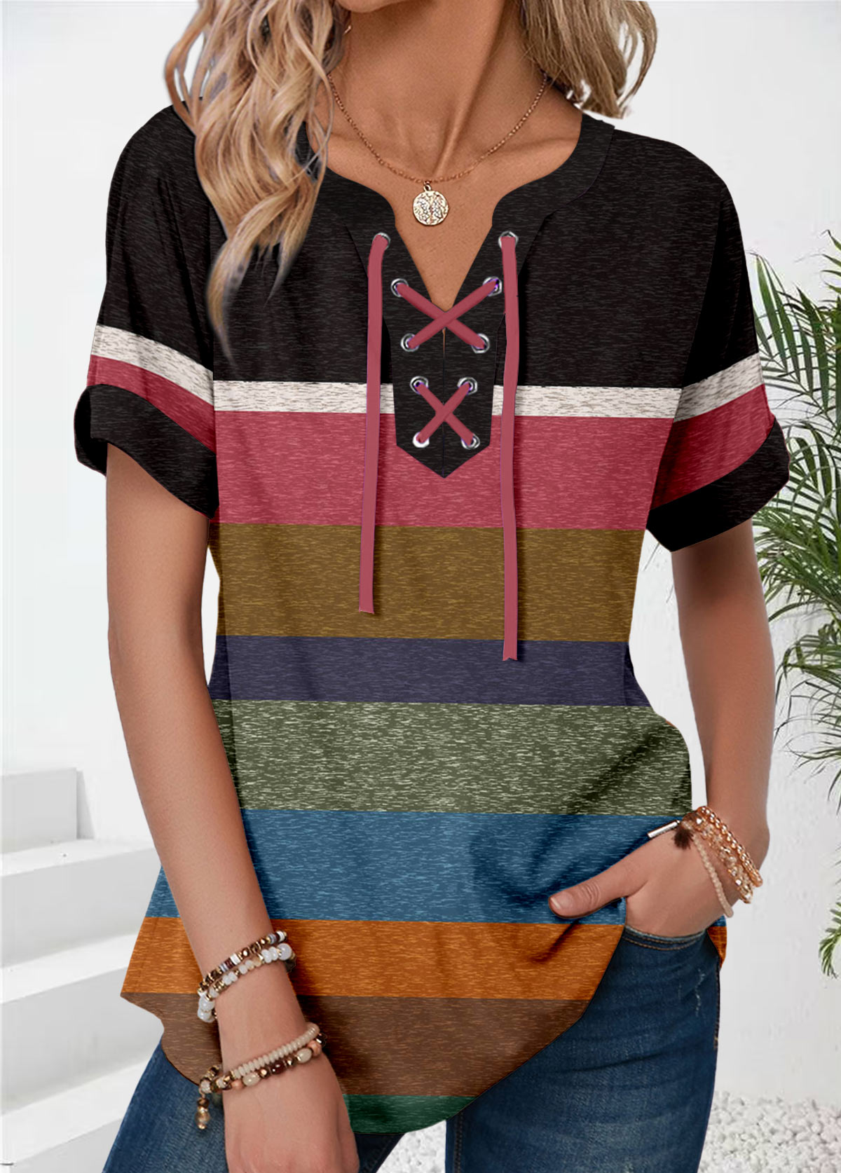 Multi Color Patchwork Short Sleeve Split Neck T Shirt | picture 