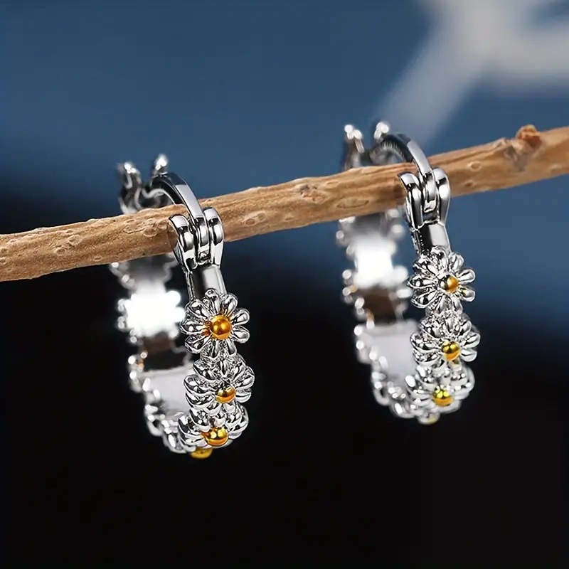 Silvery White Daisy Round Alloy Earrings | picture 