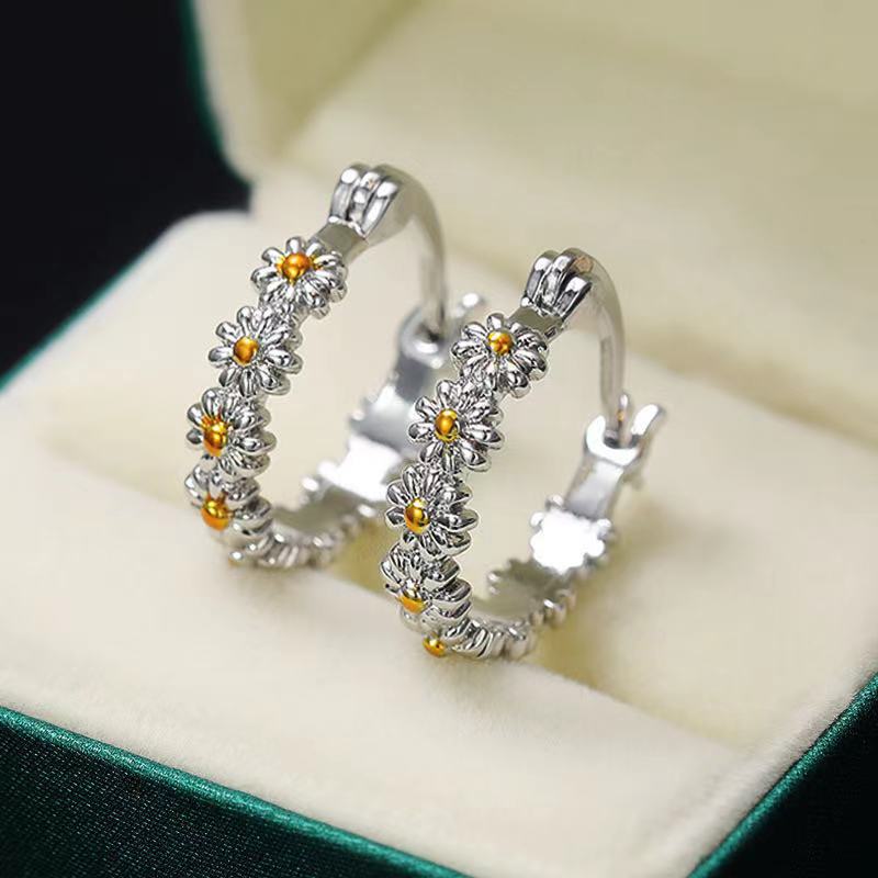 Silvery White Daisy Round Alloy Earrings | picture 