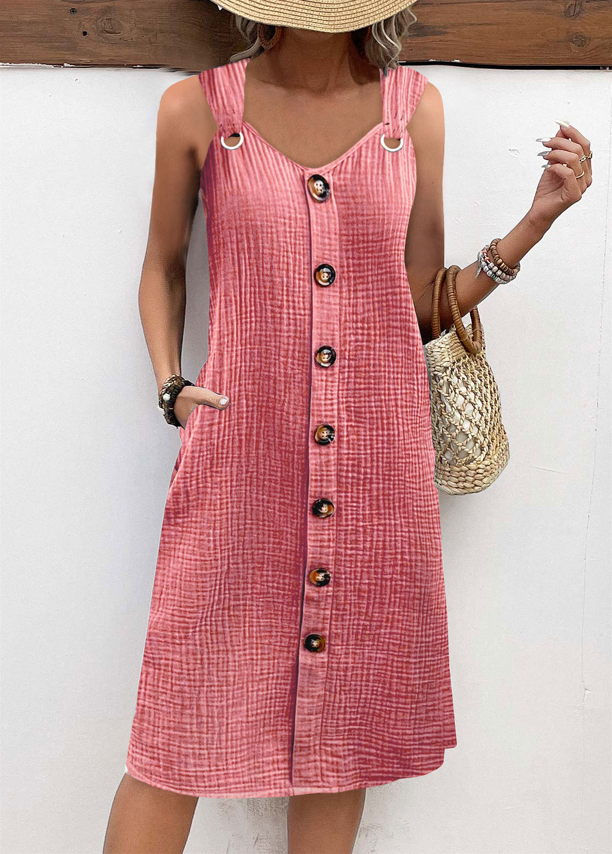 Light Pink Breathable A Line Sleeveless V Neck Dress | picture 