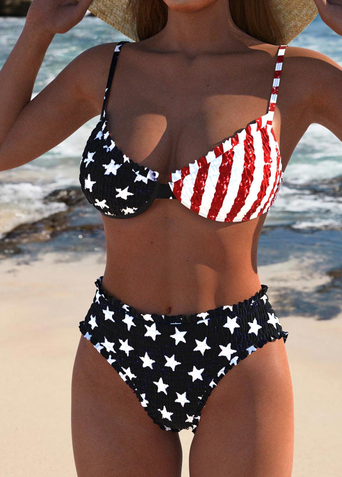 Frill American Flag Smocked Black Bikini Set