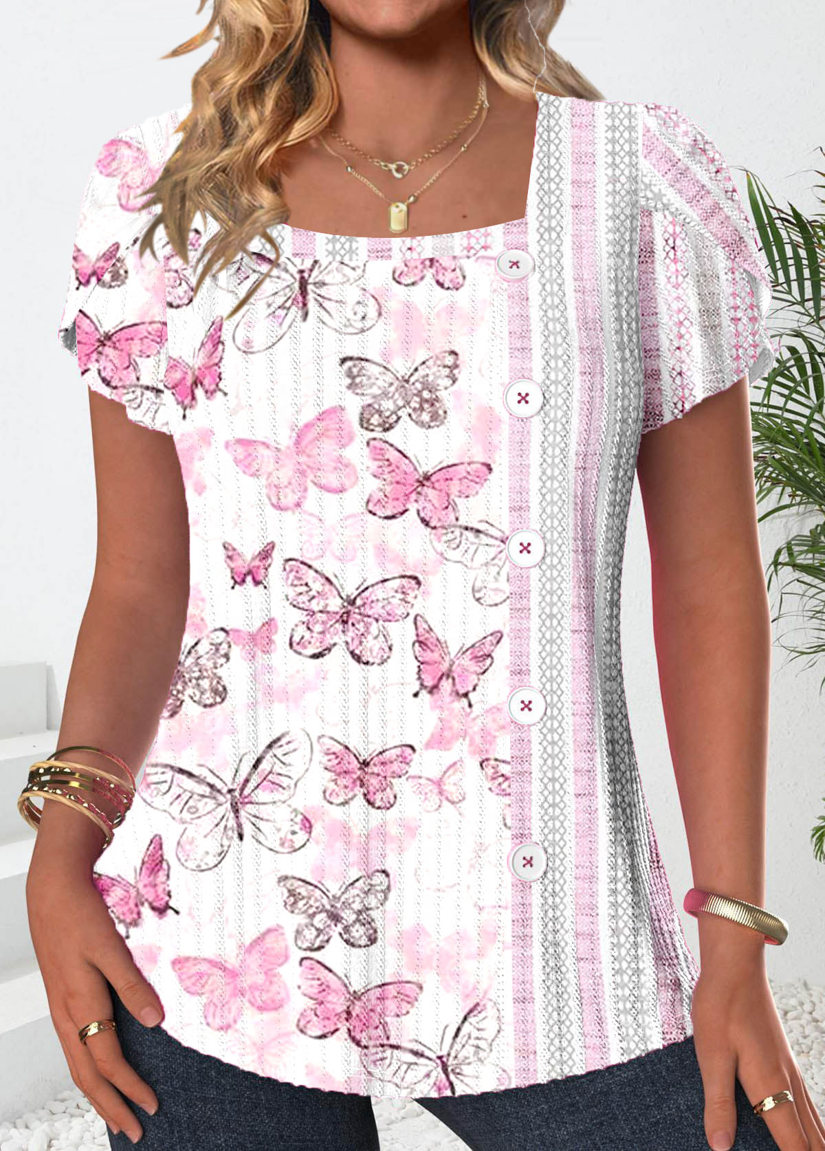 White Button Butterfly Print Short Sleeve T Shirt | picture 