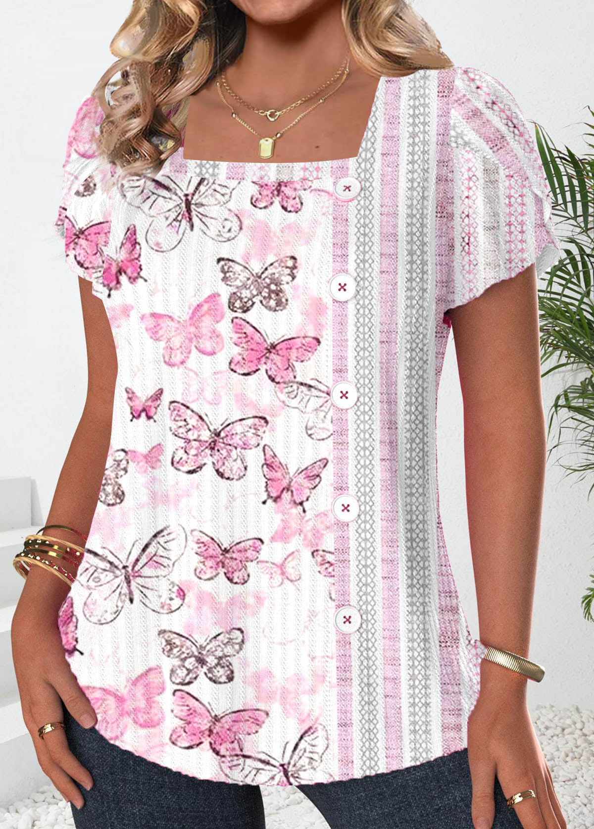 White Button Butterfly Print Short Sleeve T Shirt | picture 