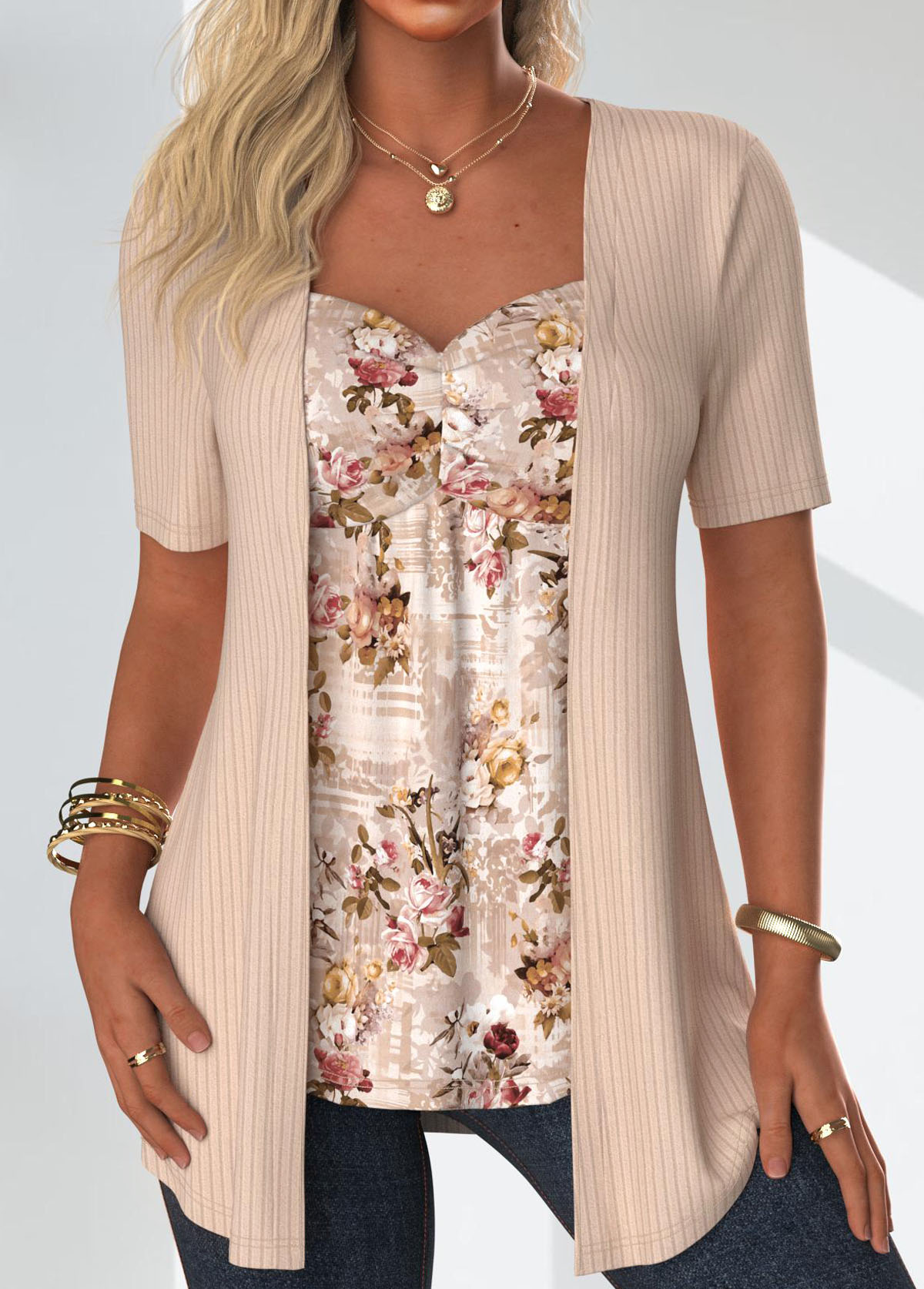 Skin Color Floral Print Fake Two Piece Twinset | picture 