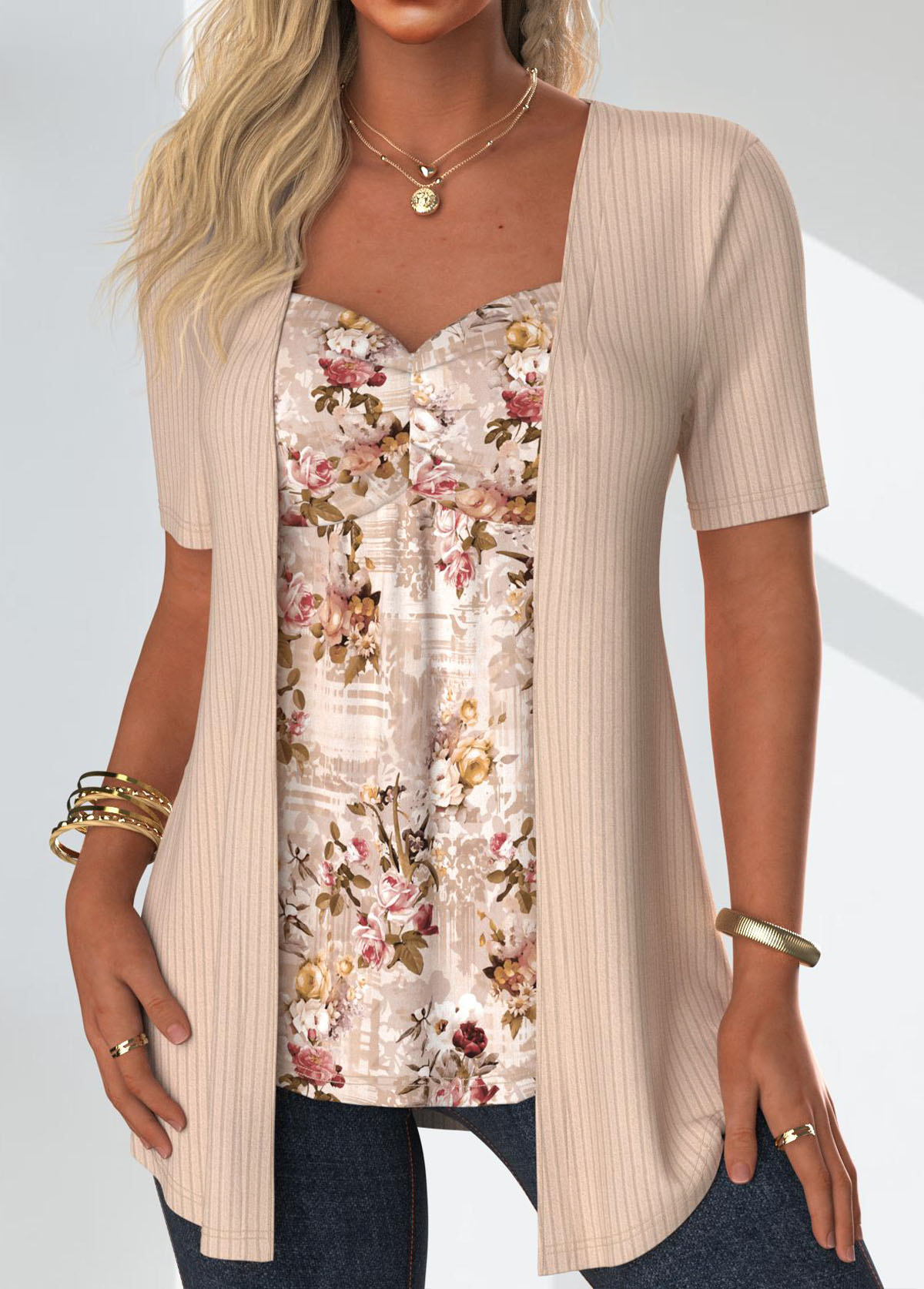 Skin Color Floral Print Fake Two Piece Twinset | picture 