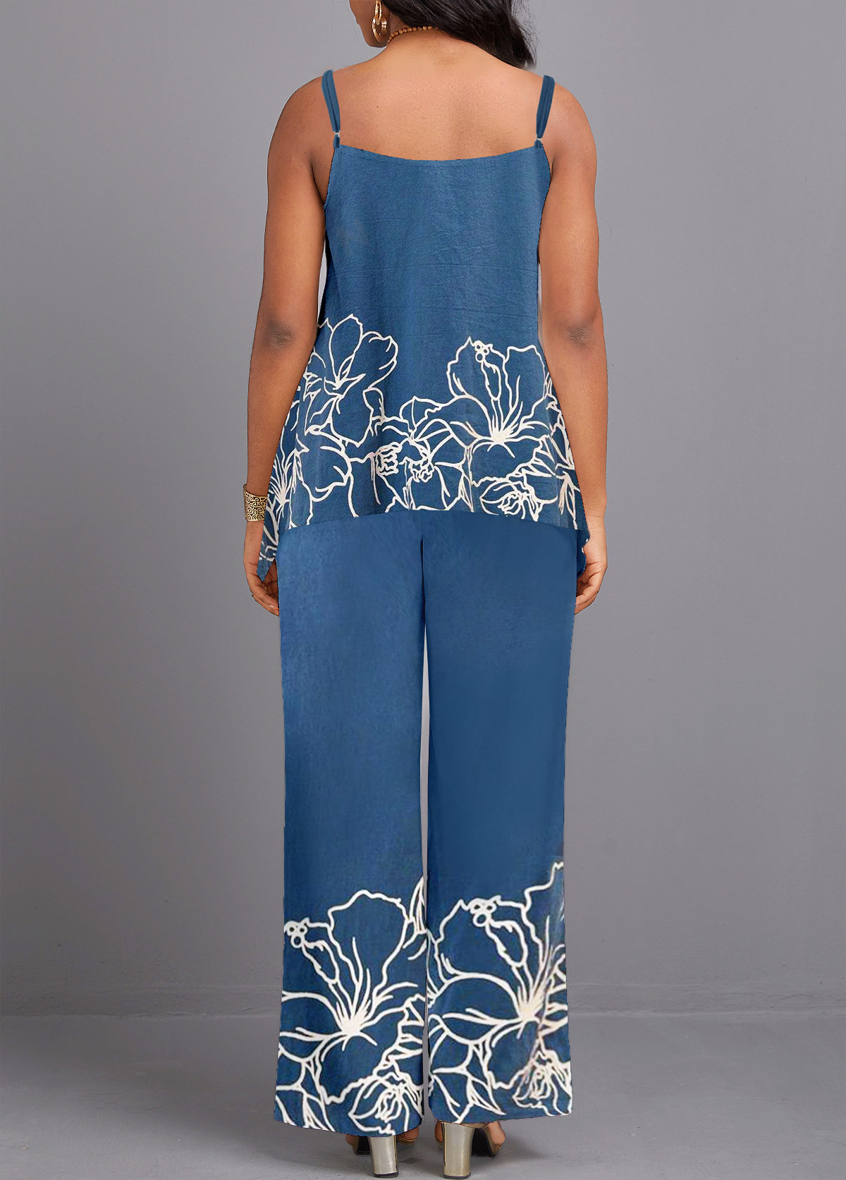 Denim Blue Criss Cross Floral Print Top and Pants