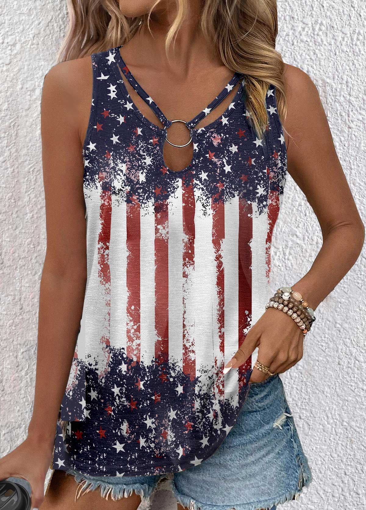 American Flag Multi Color Cut Out Sleeveless Tank Top