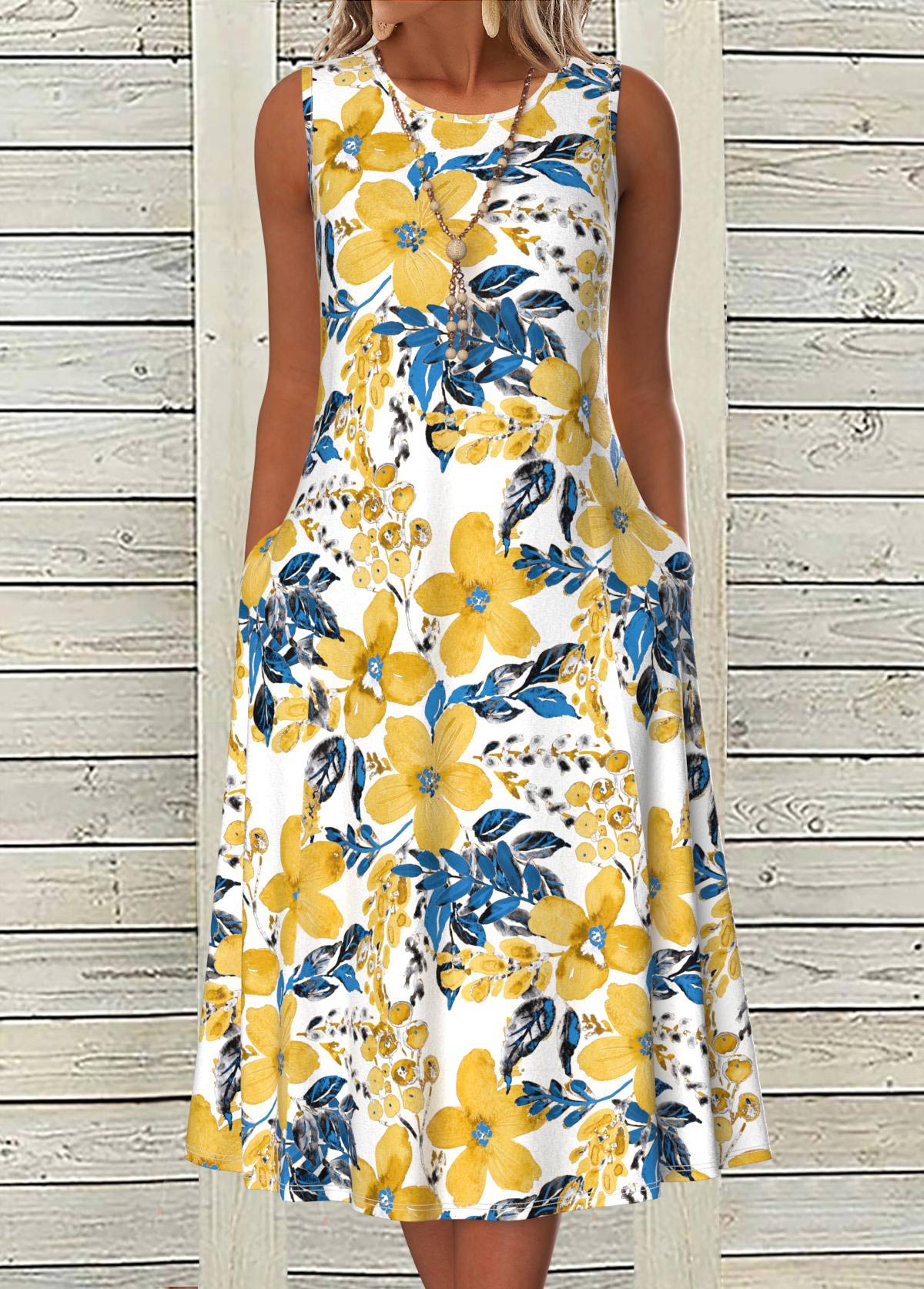 White Breathable Floral Print A Line Sleeveless Dress
