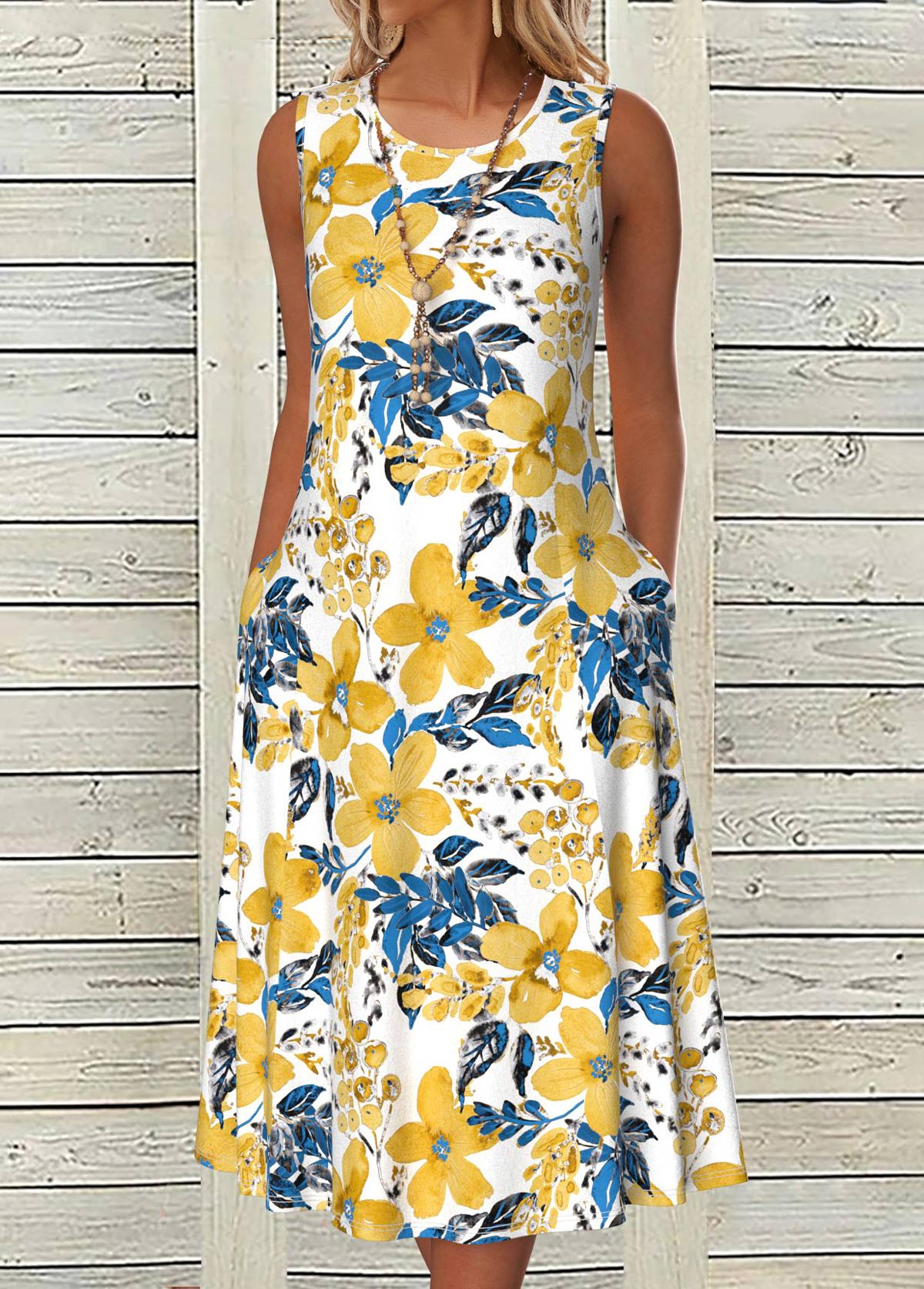 White Breathable Floral Print A Line Sleeveless Dress