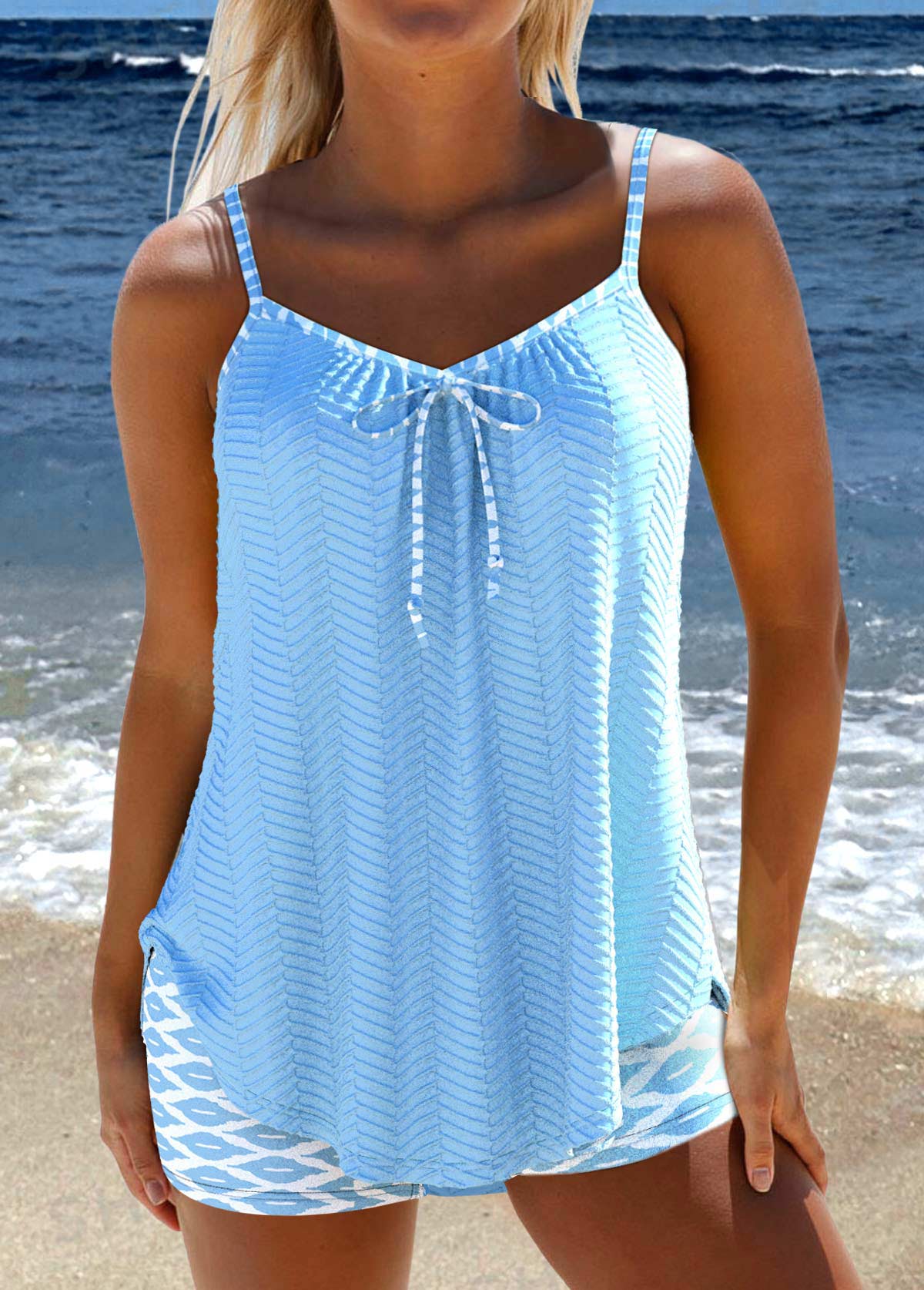 Bowknot Geometric Print Light Blue Tankini Set | picture 