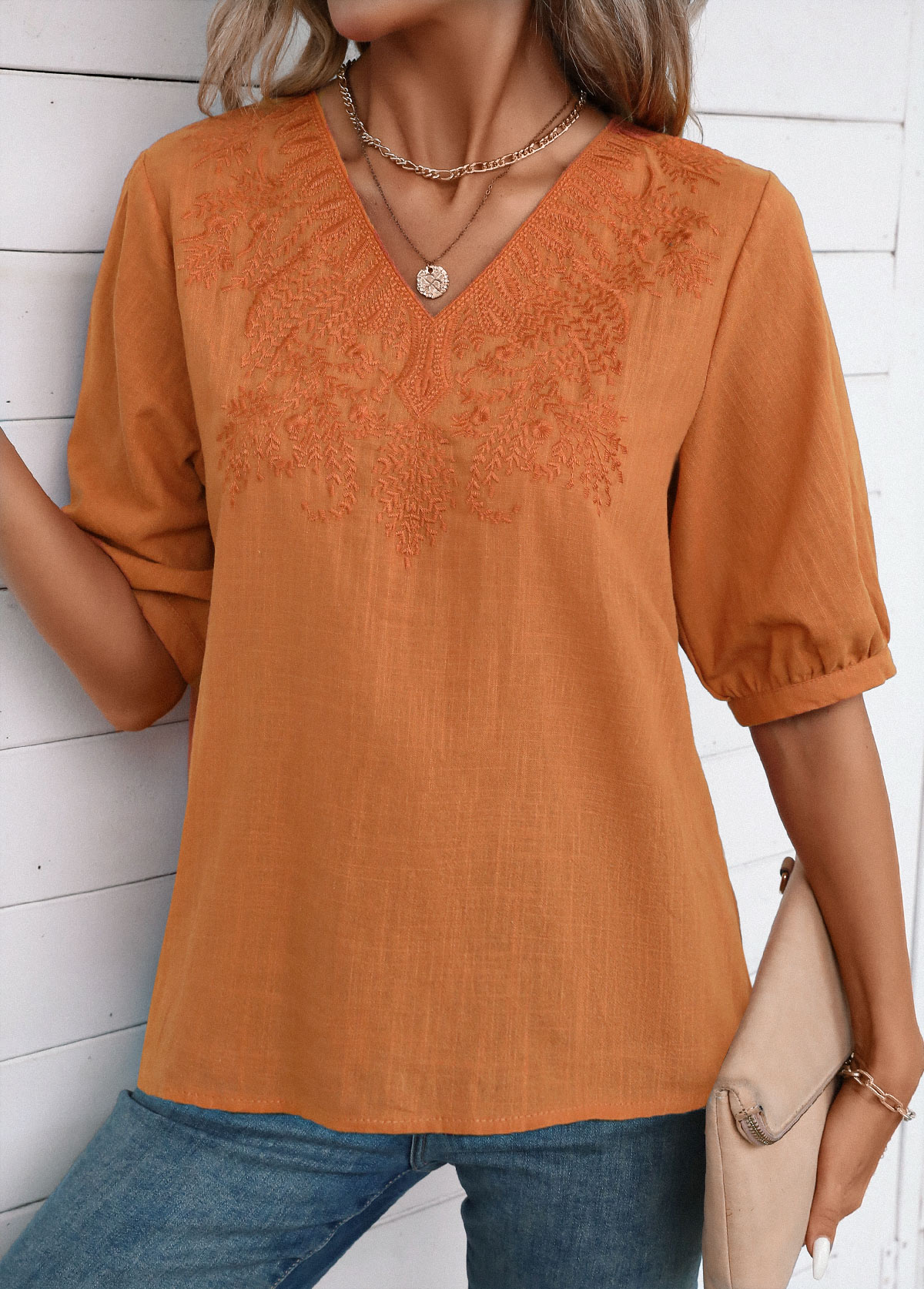 Terracotta Embroidery Half Sleeve V Neck Blouse | picture 