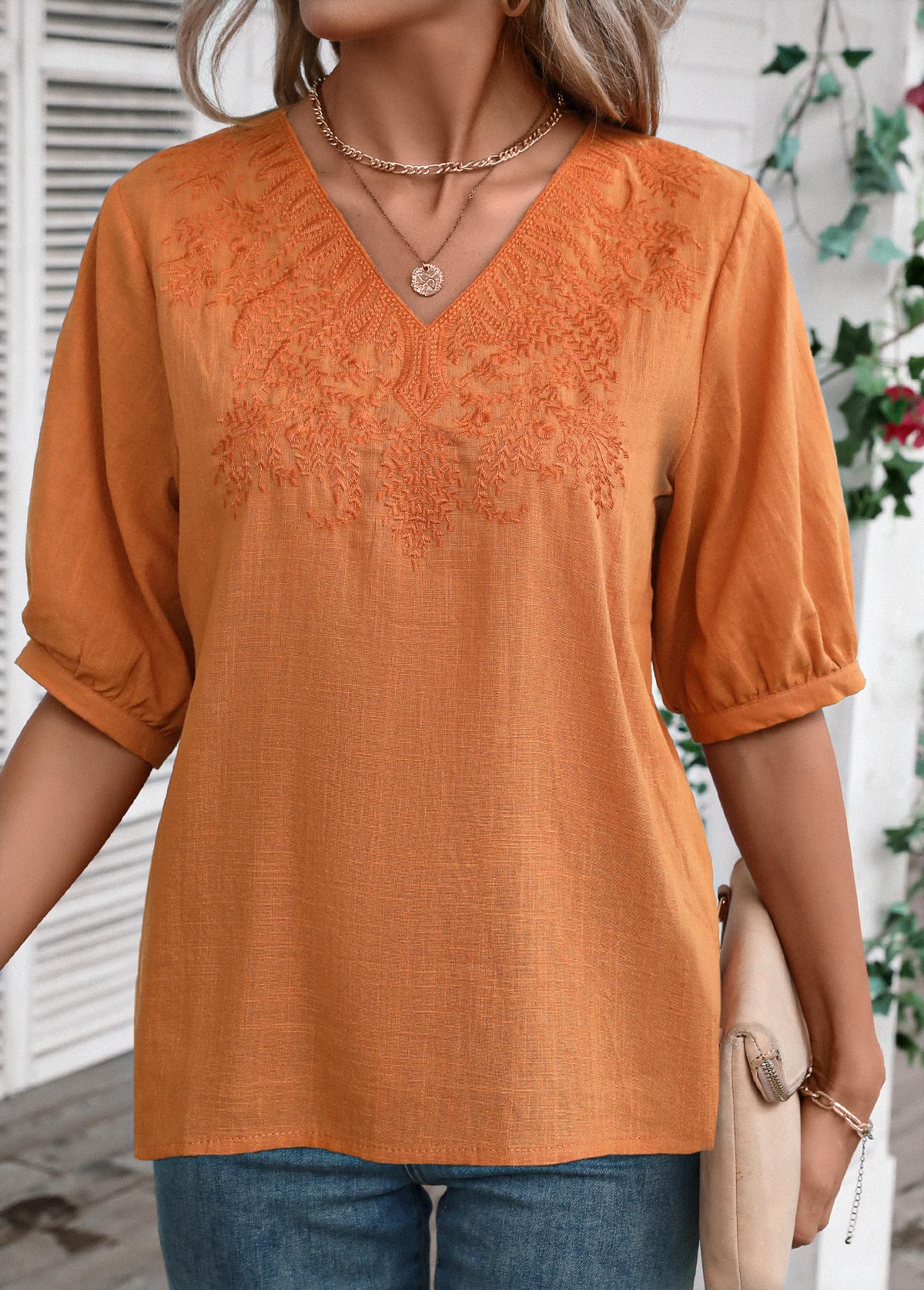 Terracotta Embroidery Half Sleeve V Neck Blouse | picture 