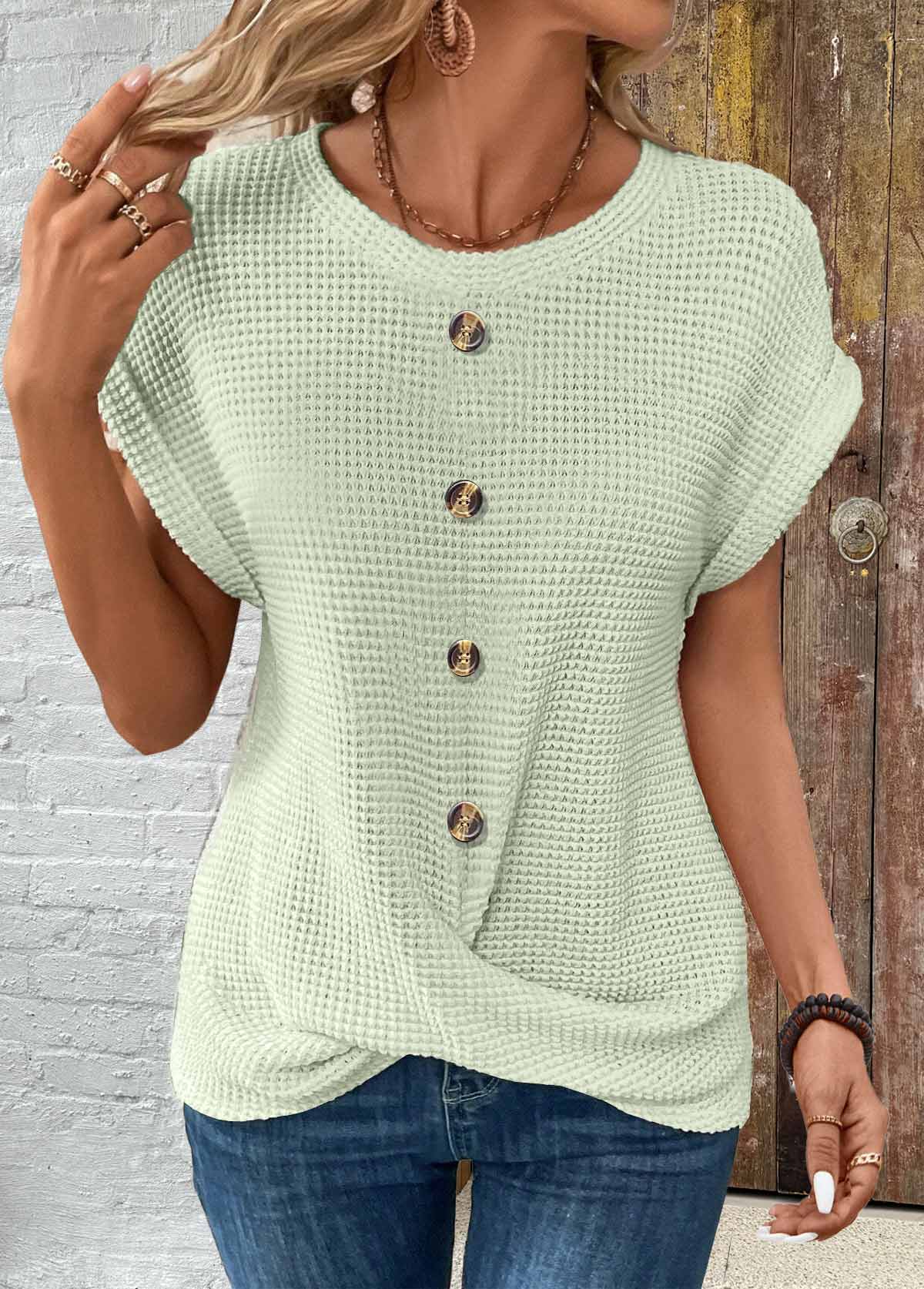 Skin Color Patchwork Short Sleeve Round Neck T Shirt | picture 