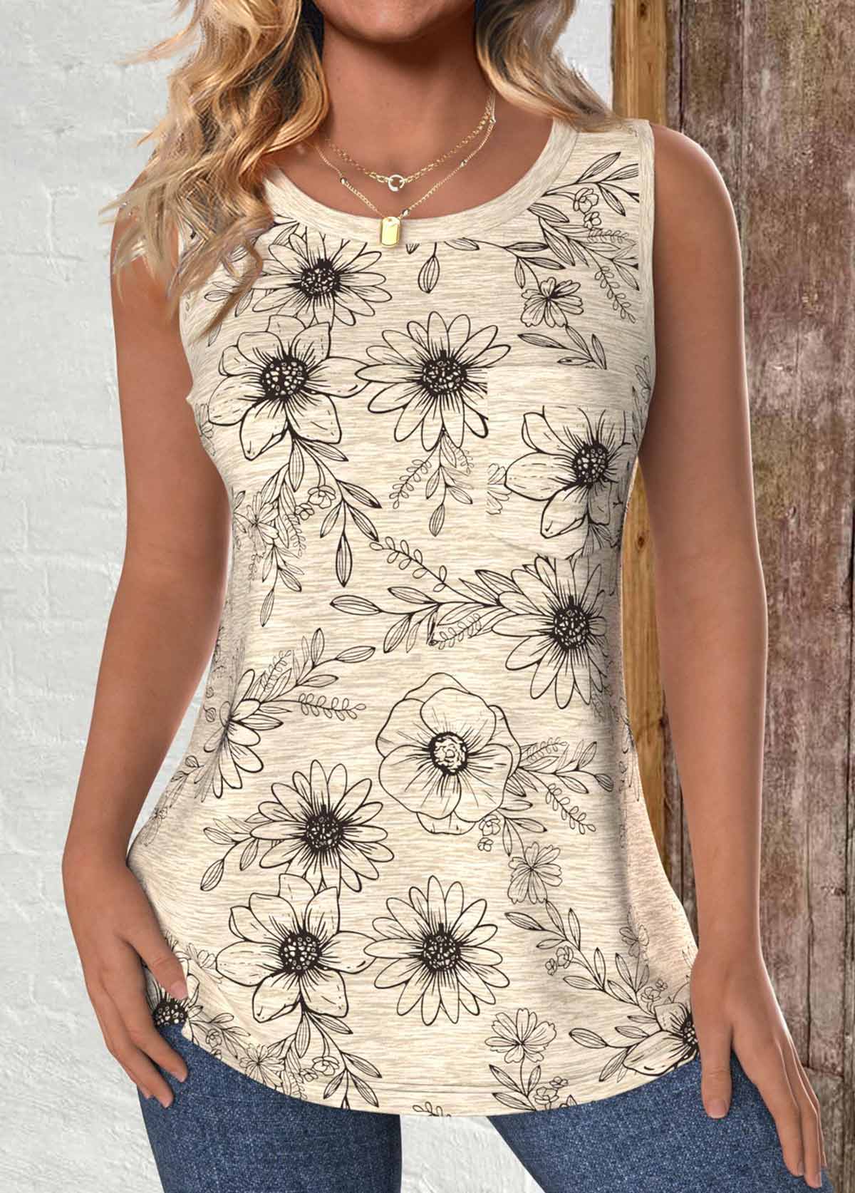 Light Camel Pocket Floral Print Sleeveless Tank Top | picture 