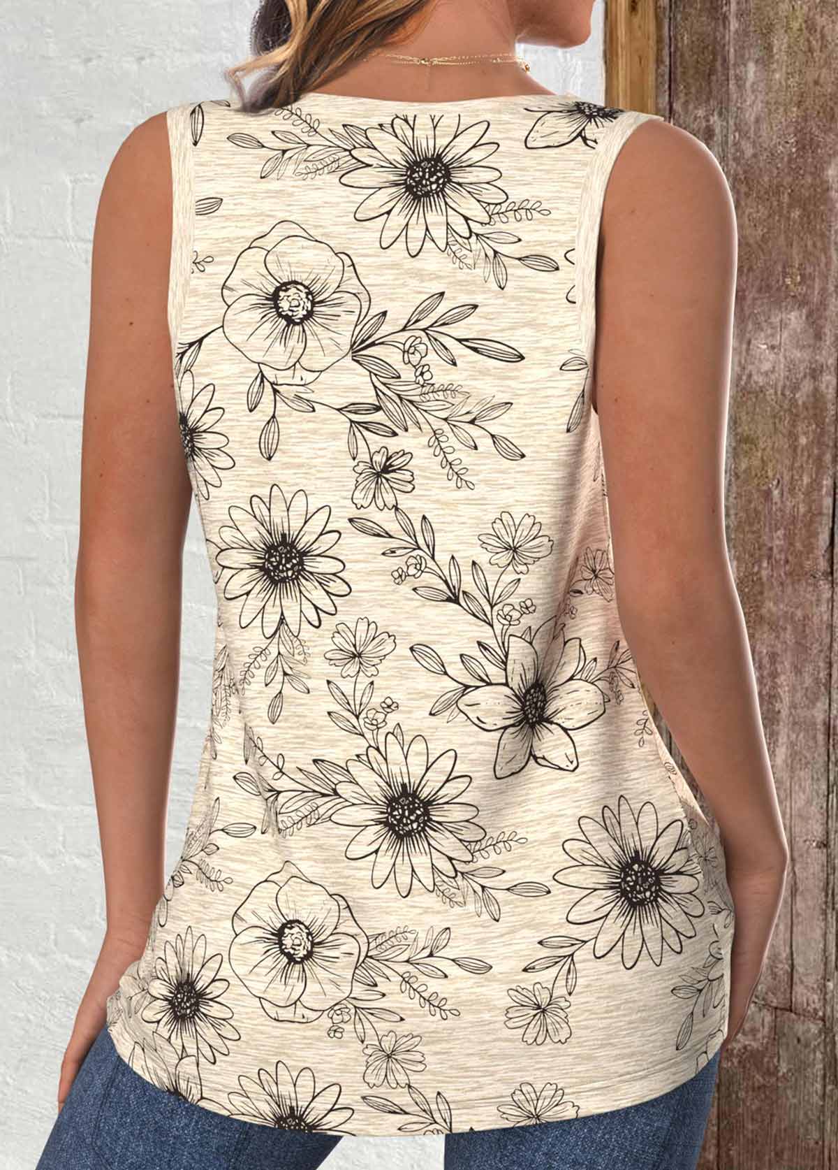 Light Camel Pocket Floral Print Sleeveless Tank Top | picture 