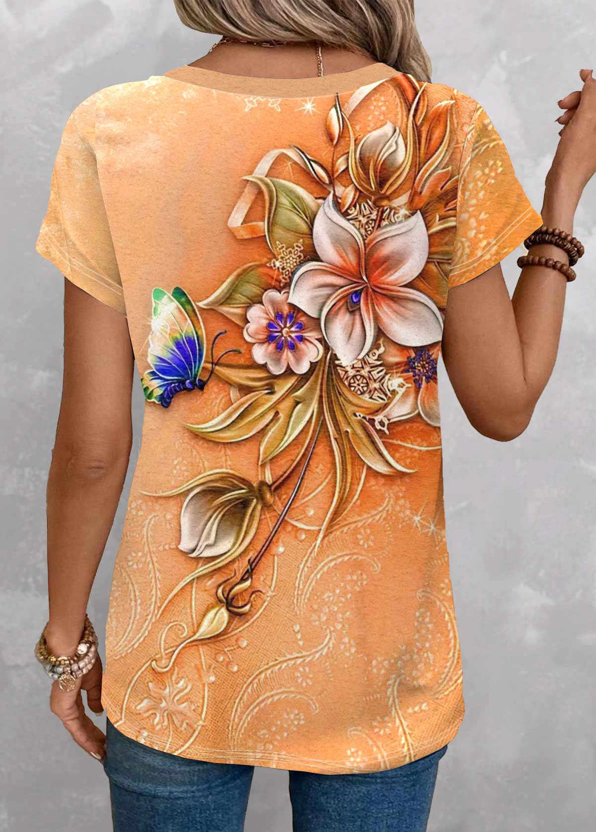Orange Patchwork Floral Print Short Sleeve T Shirt | picture 