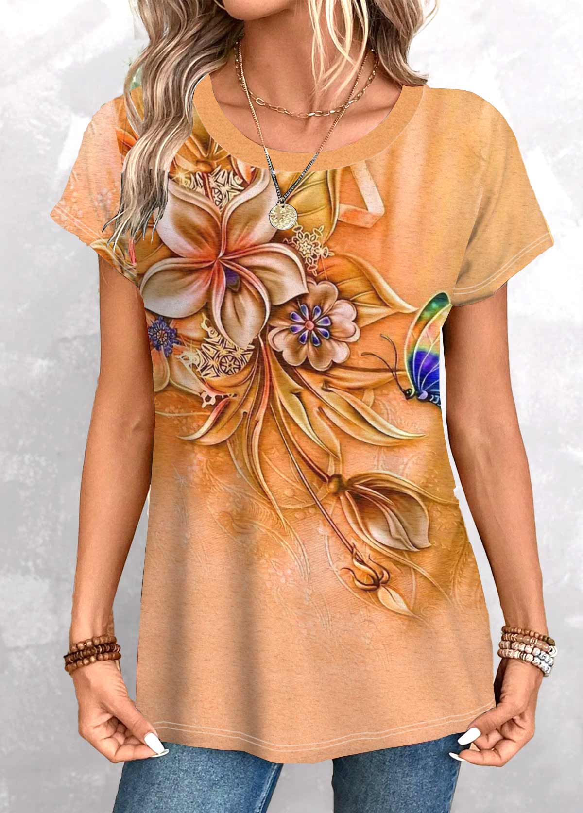 Orange Patchwork Floral Print Short Sleeve T Shirt | picture 