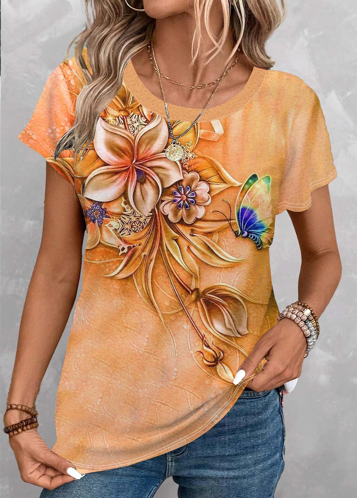 Orange Patchwork Floral Print Short Sleeve T Shirt | picture 