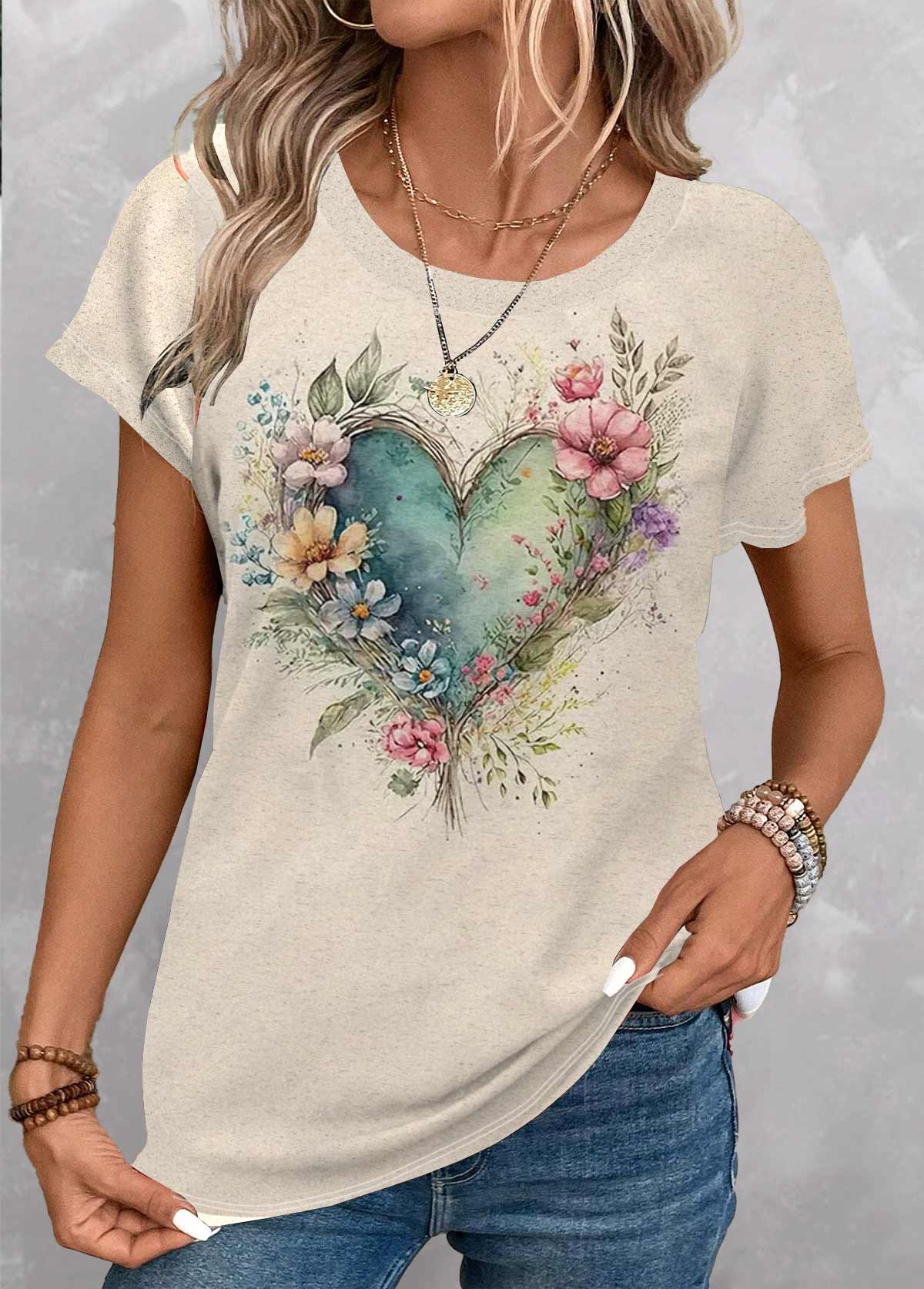 Light Camel Floral Print Short Sleeve T Shirt | picture 