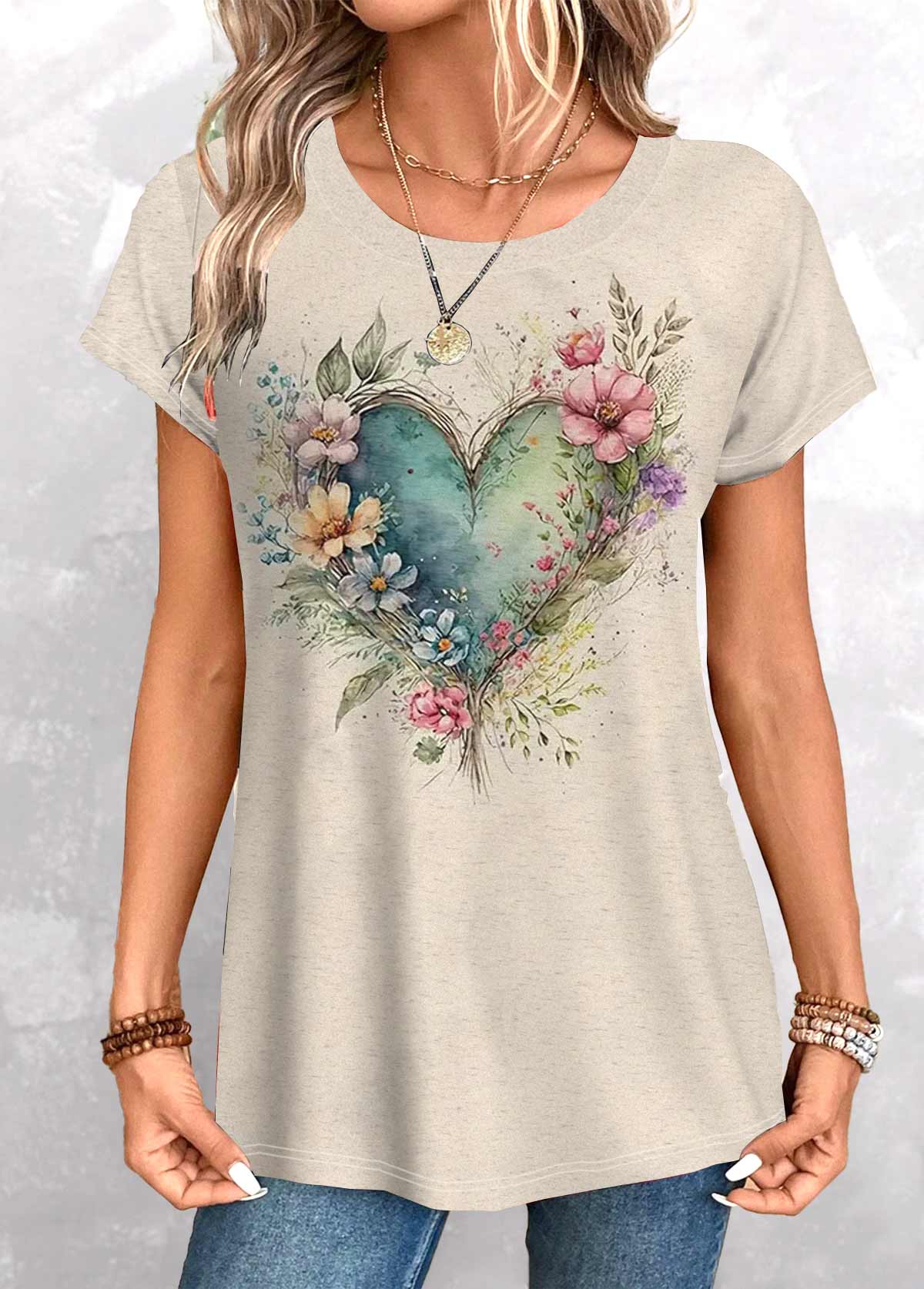 Light Camel Floral Print Short Sleeve T Shirt | picture 