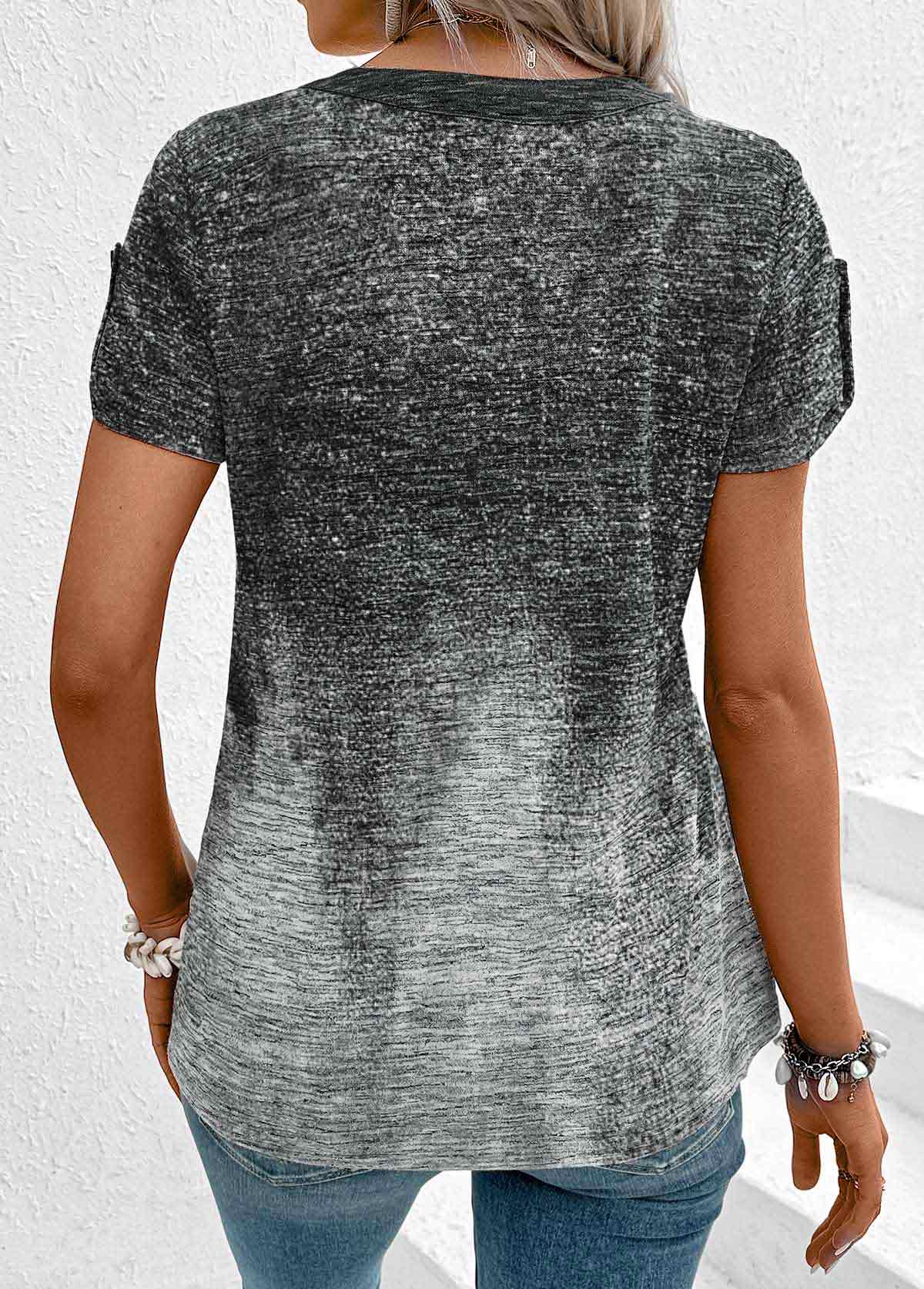 Grey Patchwork Ombre Short Sleeve Split Neck T Shirt | picture 