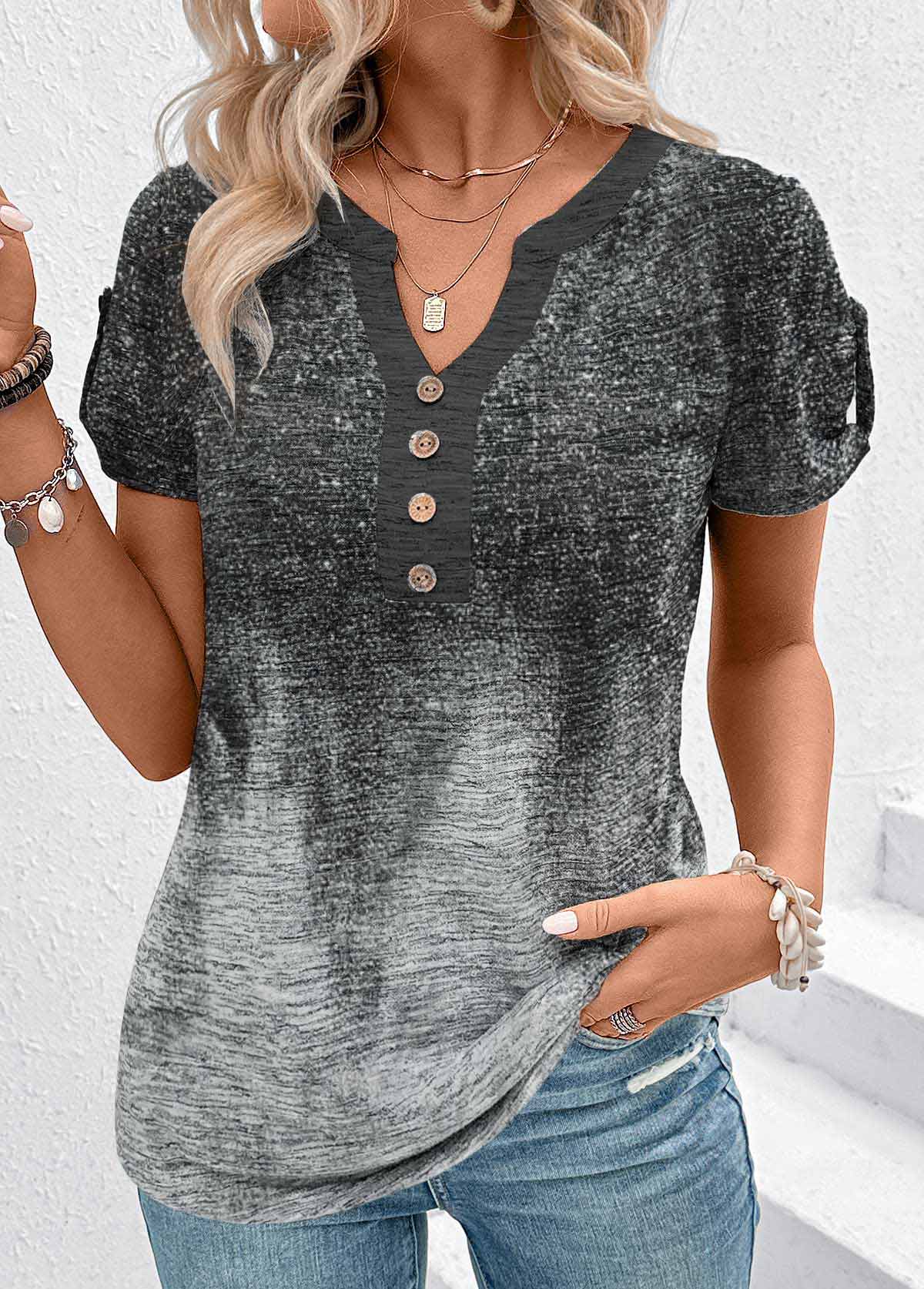 Grey Patchwork Ombre Short Sleeve Split Neck T Shirt | picture 