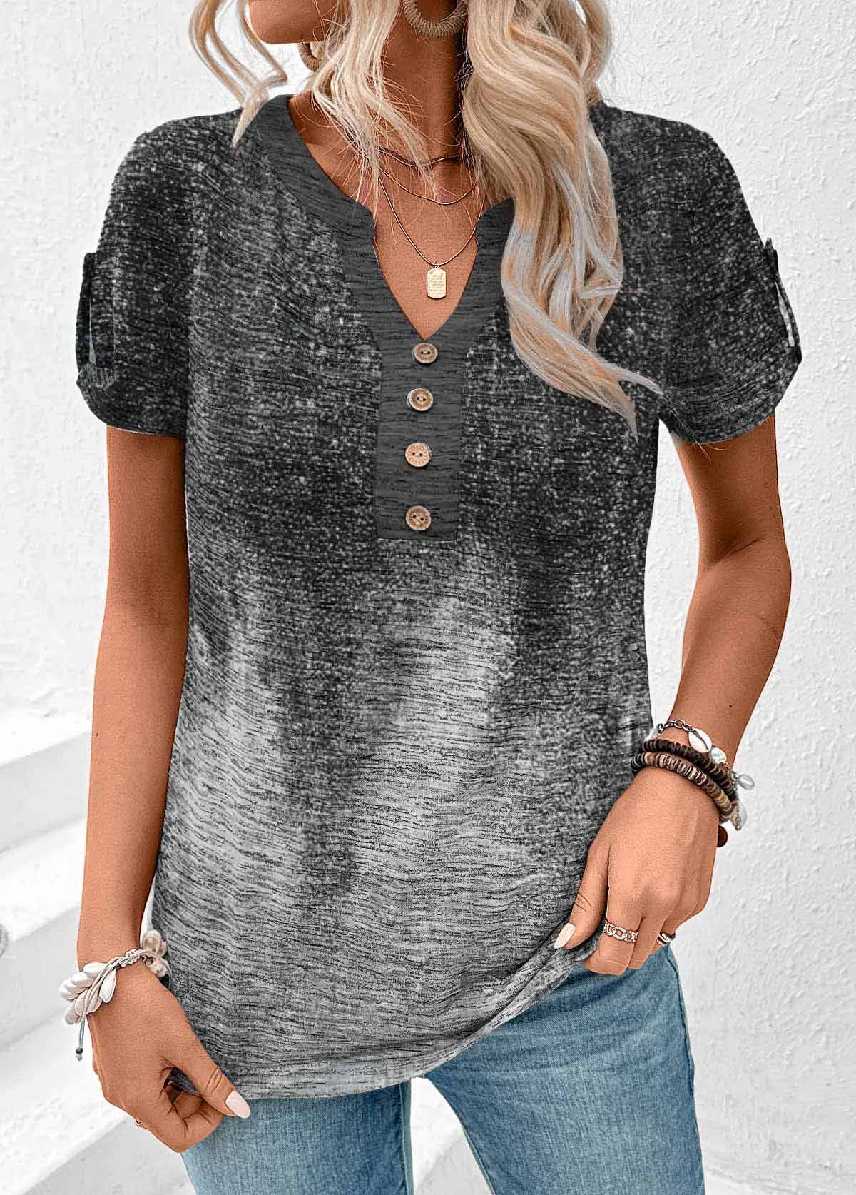 Grey Patchwork Ombre Short Sleeve Split Neck T Shirt | picture 