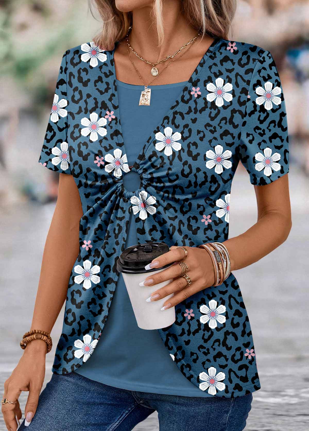 Peacock Blue Floral Print T Shirt | picture 