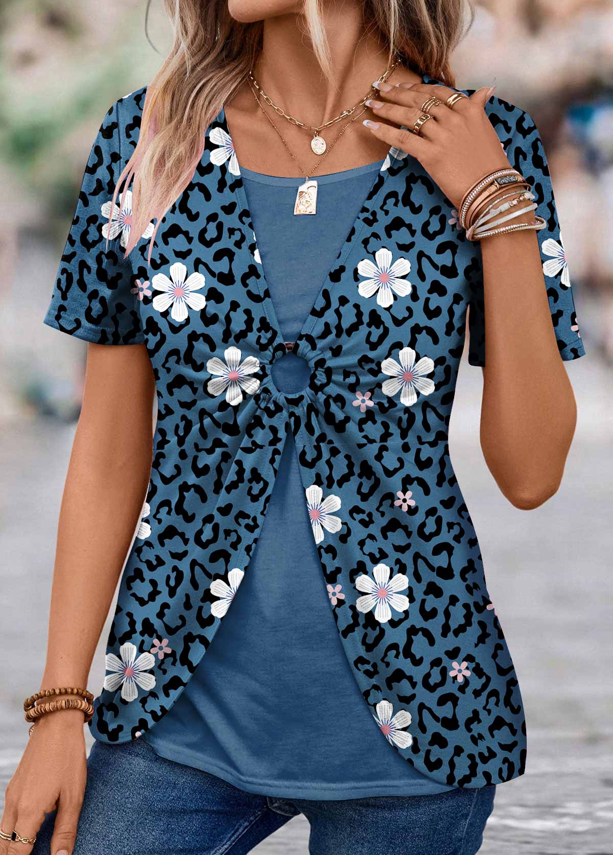 Peacock Blue Floral Print T Shirt | picture 