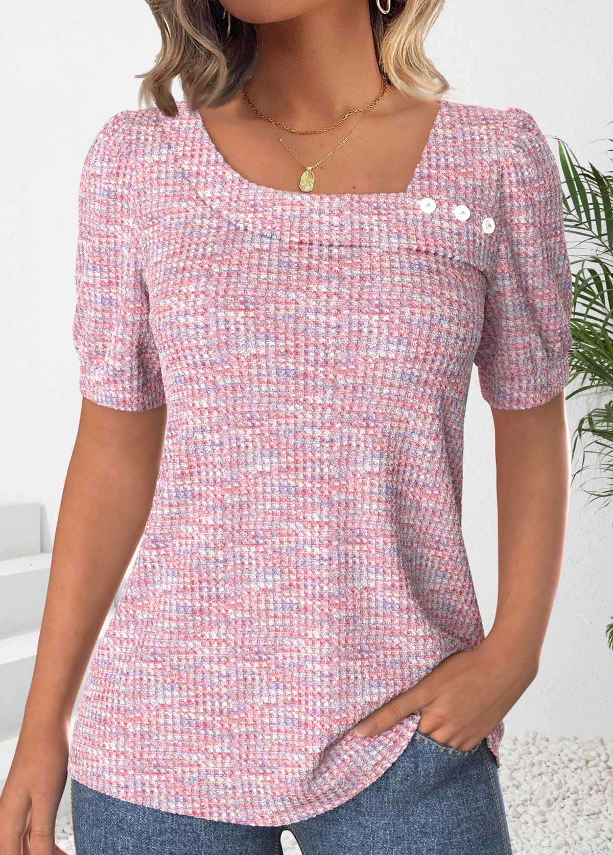 Pink Button Short Sleeve Asymmetrical Neck T Shirt | picture 