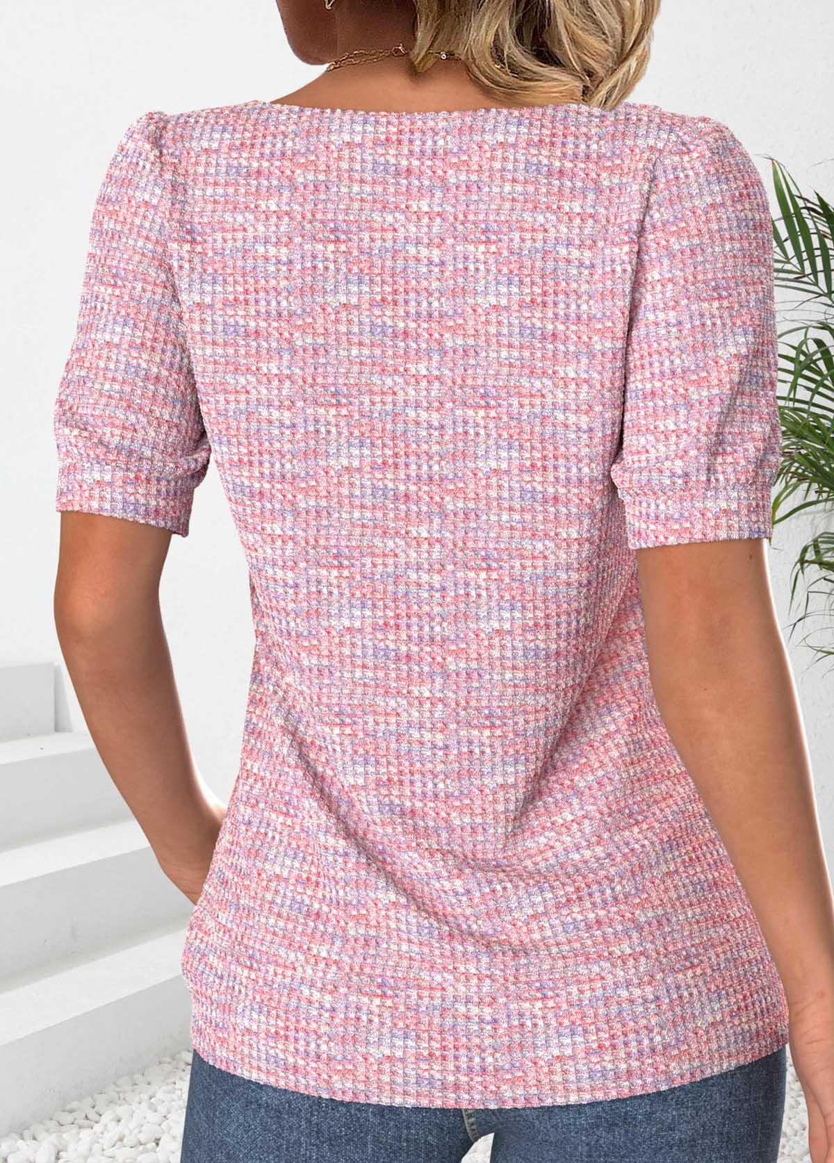 Pink Button Short Sleeve Asymmetrical Neck T Shirt | picture 