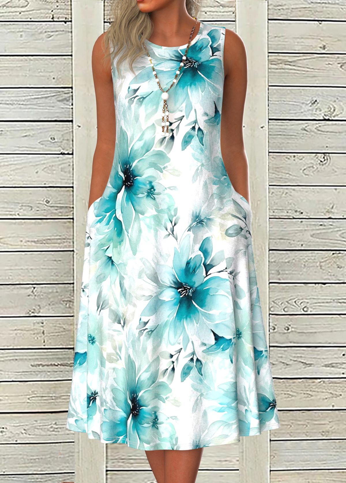 Blue Pocket Floral Print A Line Sleeveless Dress